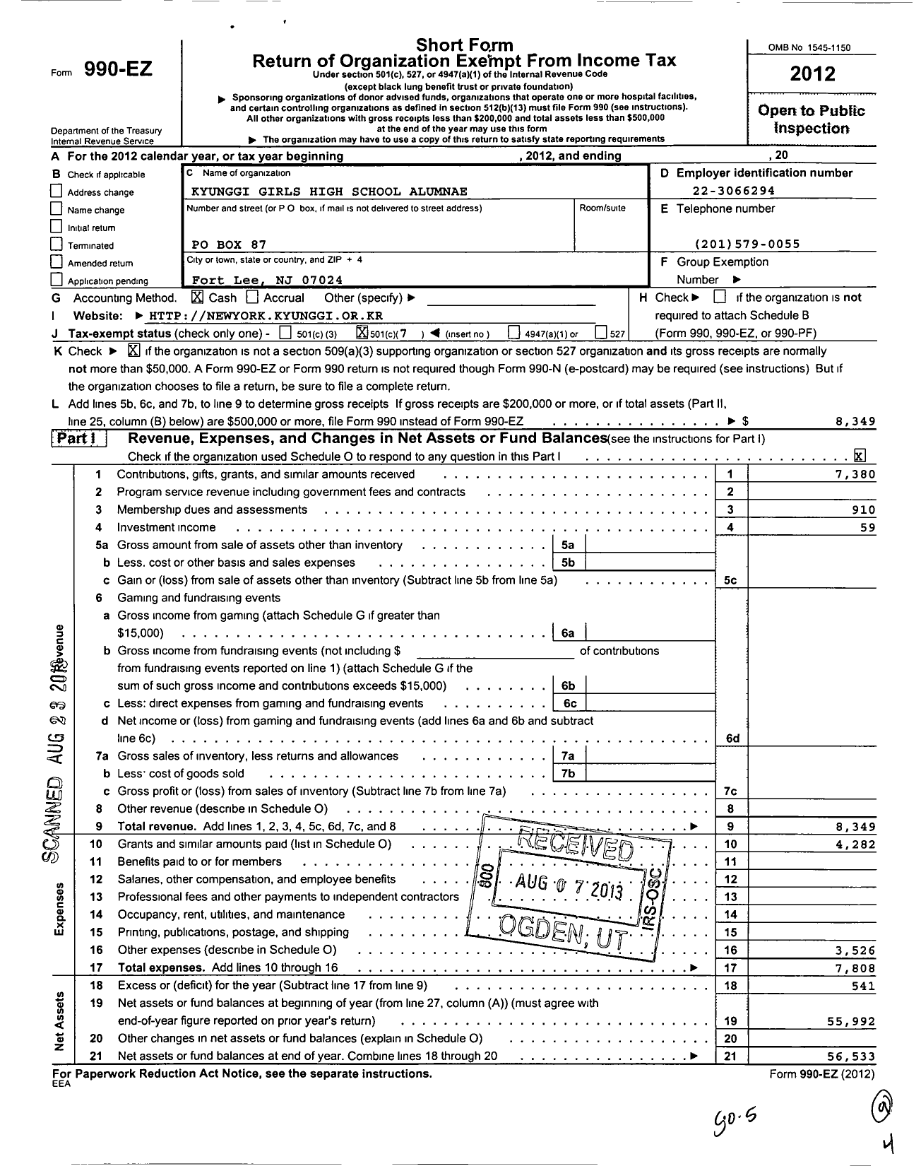 Image of first page of 2012 Form 990EO for Kyunggi Girls Highschool Alumnae Association Greater N Y Areaea