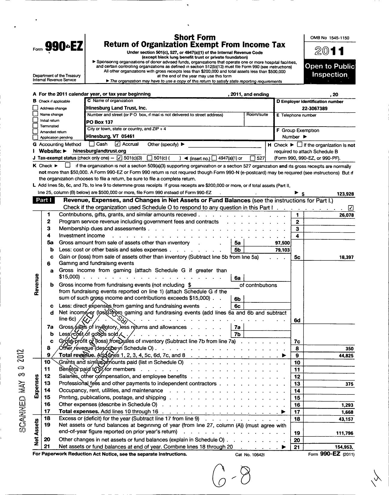 Image of first page of 2011 Form 990EZ for Hinesburg Land Trust