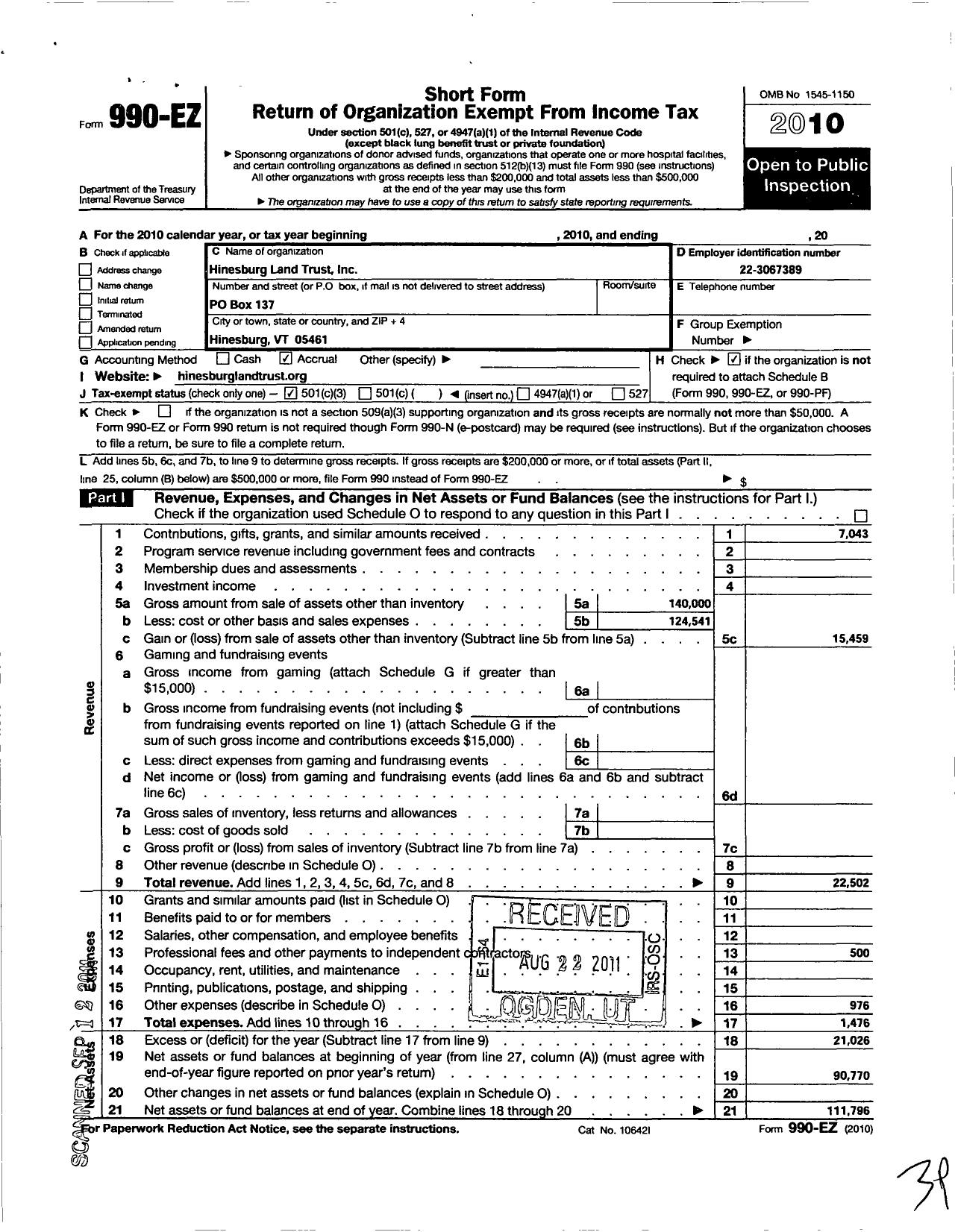 Image of first page of 2010 Form 990EZ for Hinesburg Land Trust