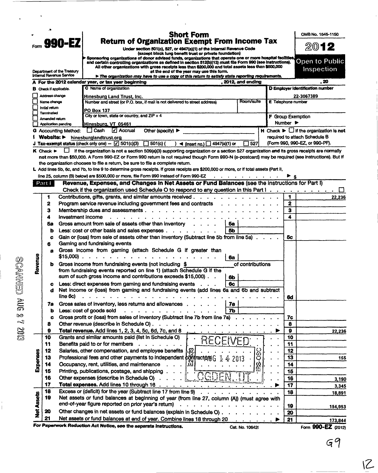 Image of first page of 2012 Form 990EZ for Hinesburg Land Trust