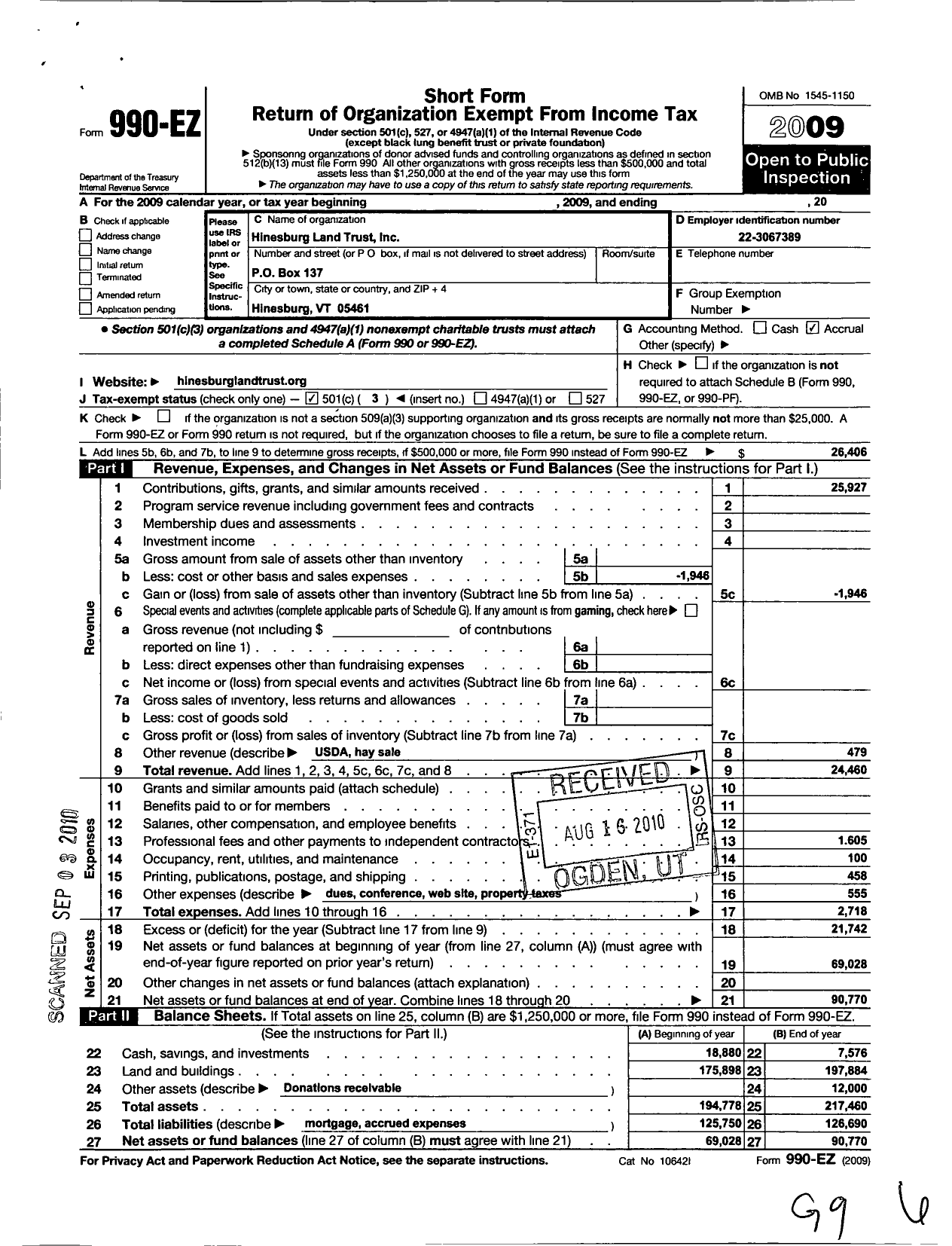 Image of first page of 2009 Form 990EZ for Hinesburg Land Trust