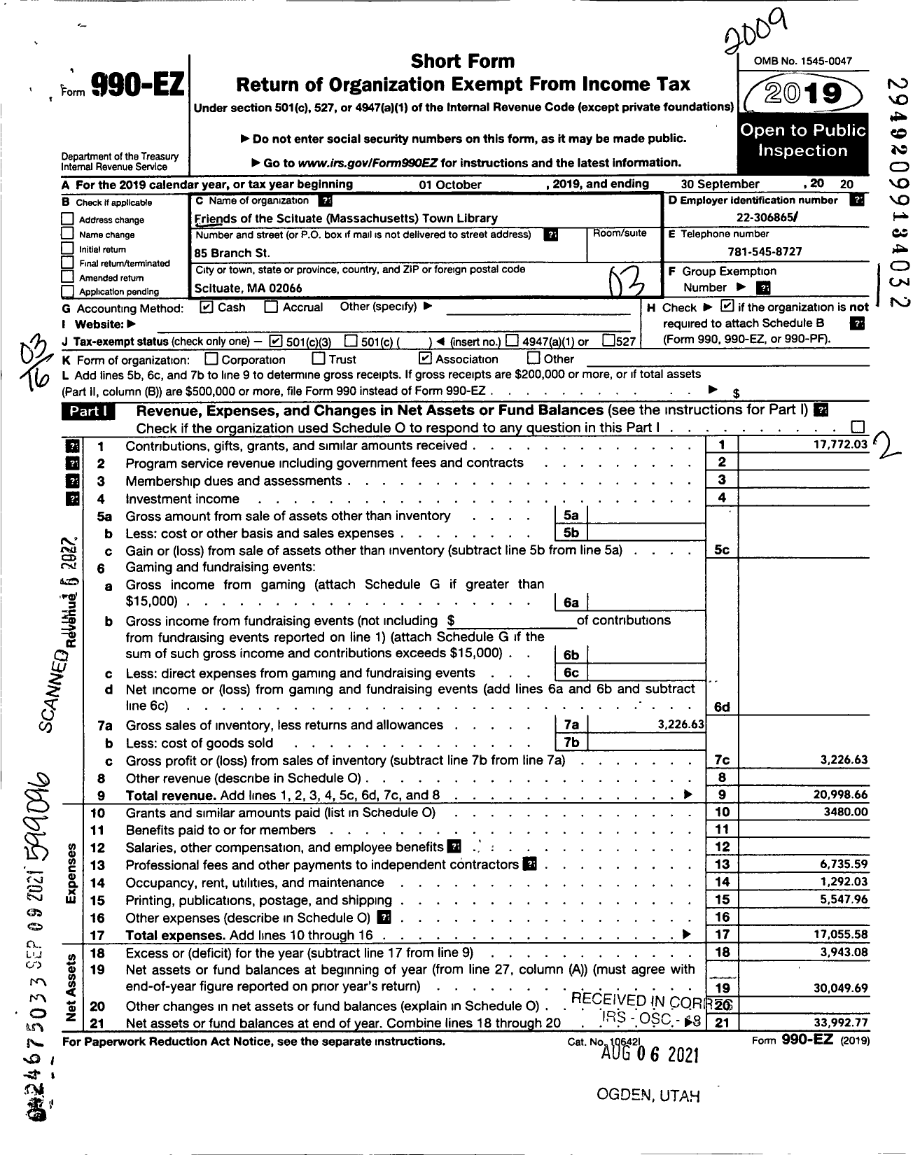 Image of first page of 2019 Form 990EZ for Friends of Scituate Town Library