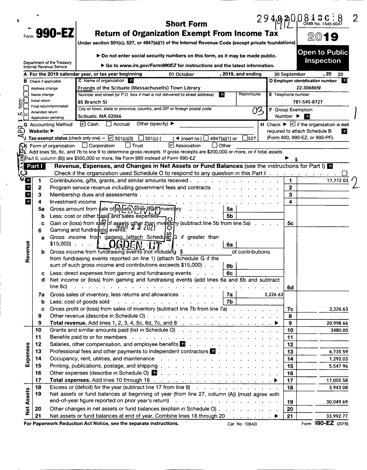 Image of first page of 2019 Form 990EZ for Friends of Scituate Town Library