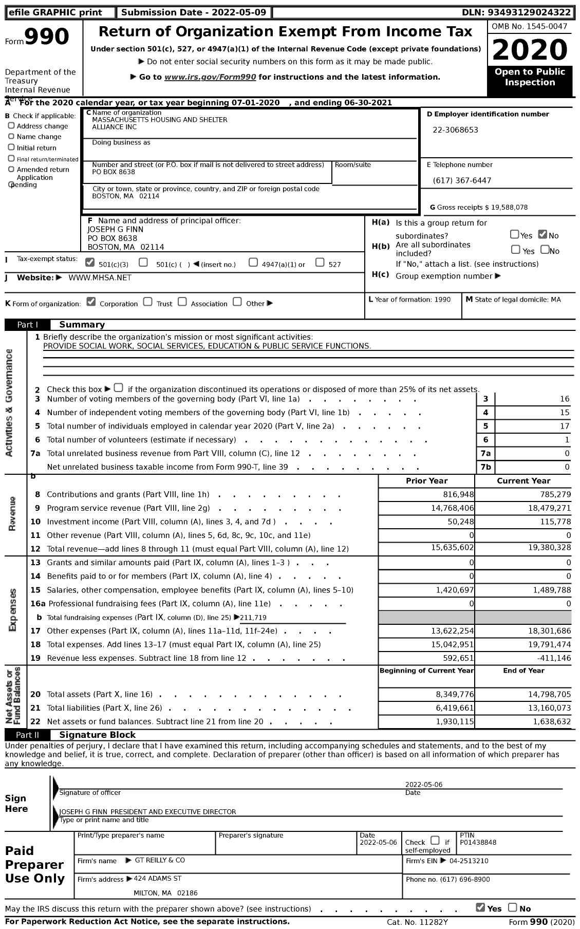 Image of first page of 2020 Form 990 for Massachusetts Housing and Shelter Alliance (MHSA)