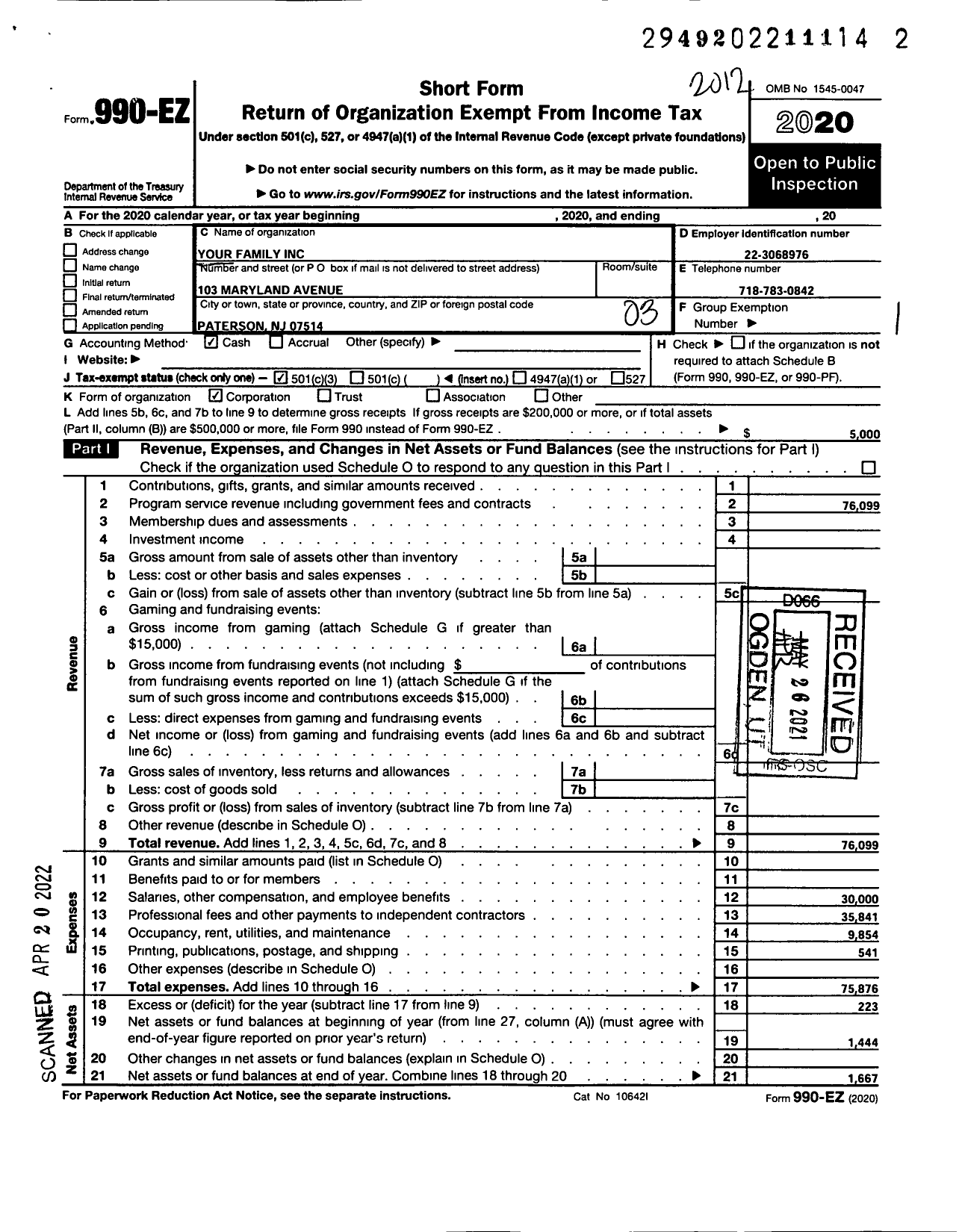 Image of first page of 2020 Form 990EZ for Your Family