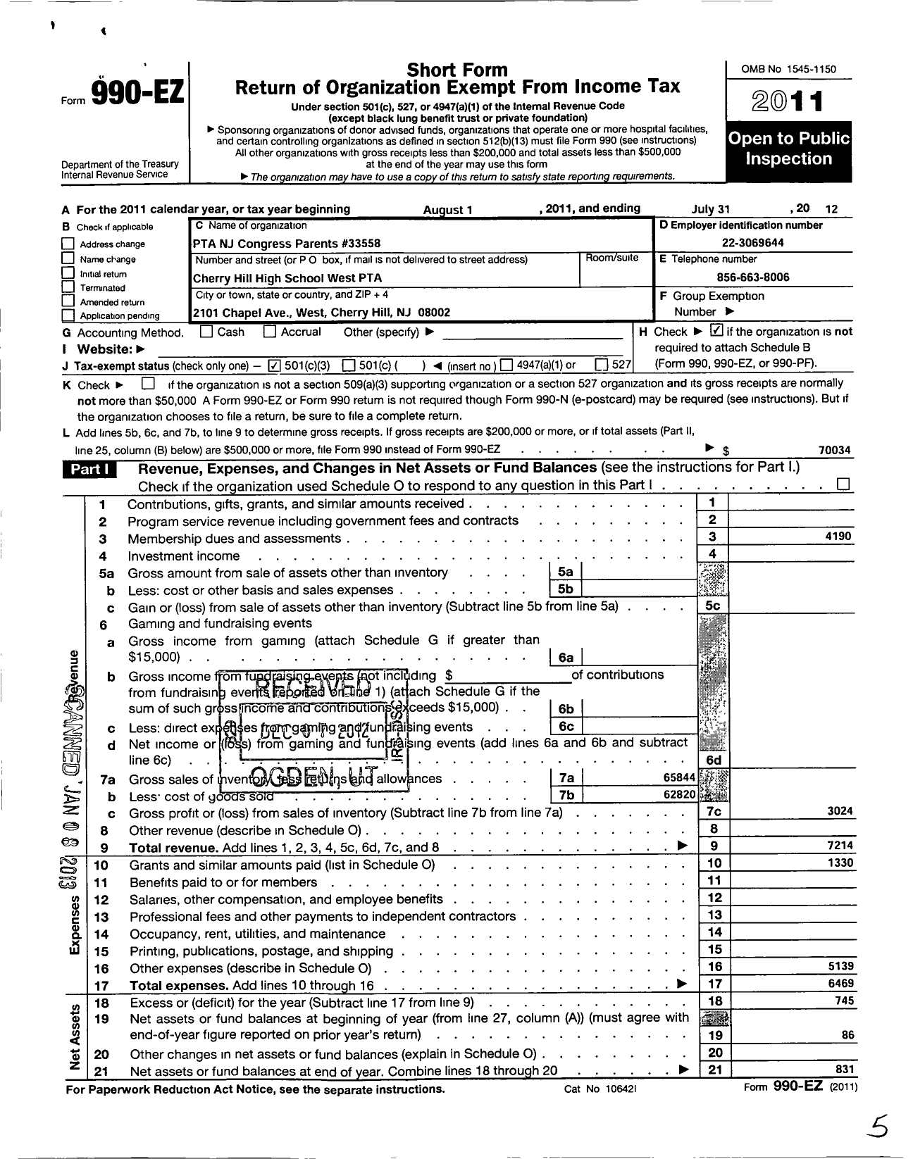 Image of first page of 2011 Form 990EZ for New Jersey PTA - 33558 Cherry Hill High SCH West PTA