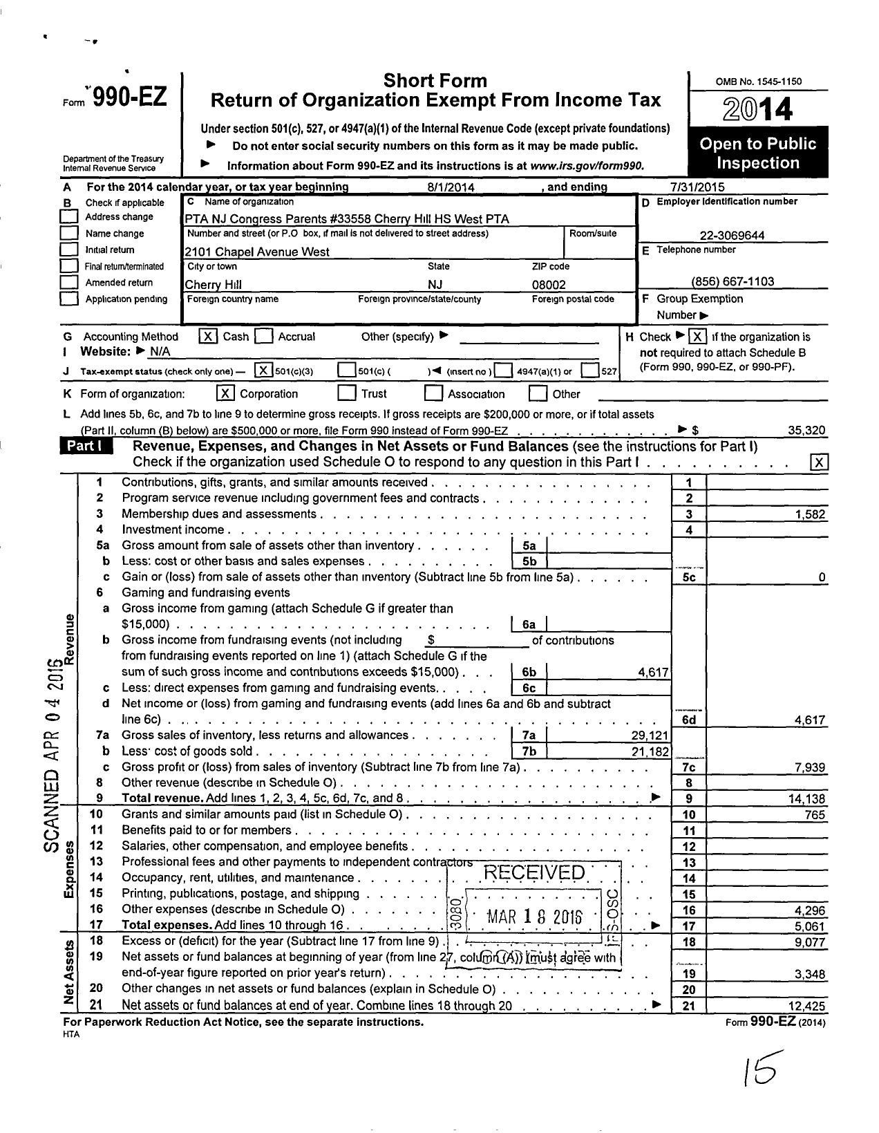 Image of first page of 2014 Form 990EZ for New Jersey PTA - 33558 Cherry Hill High SCH West PTA