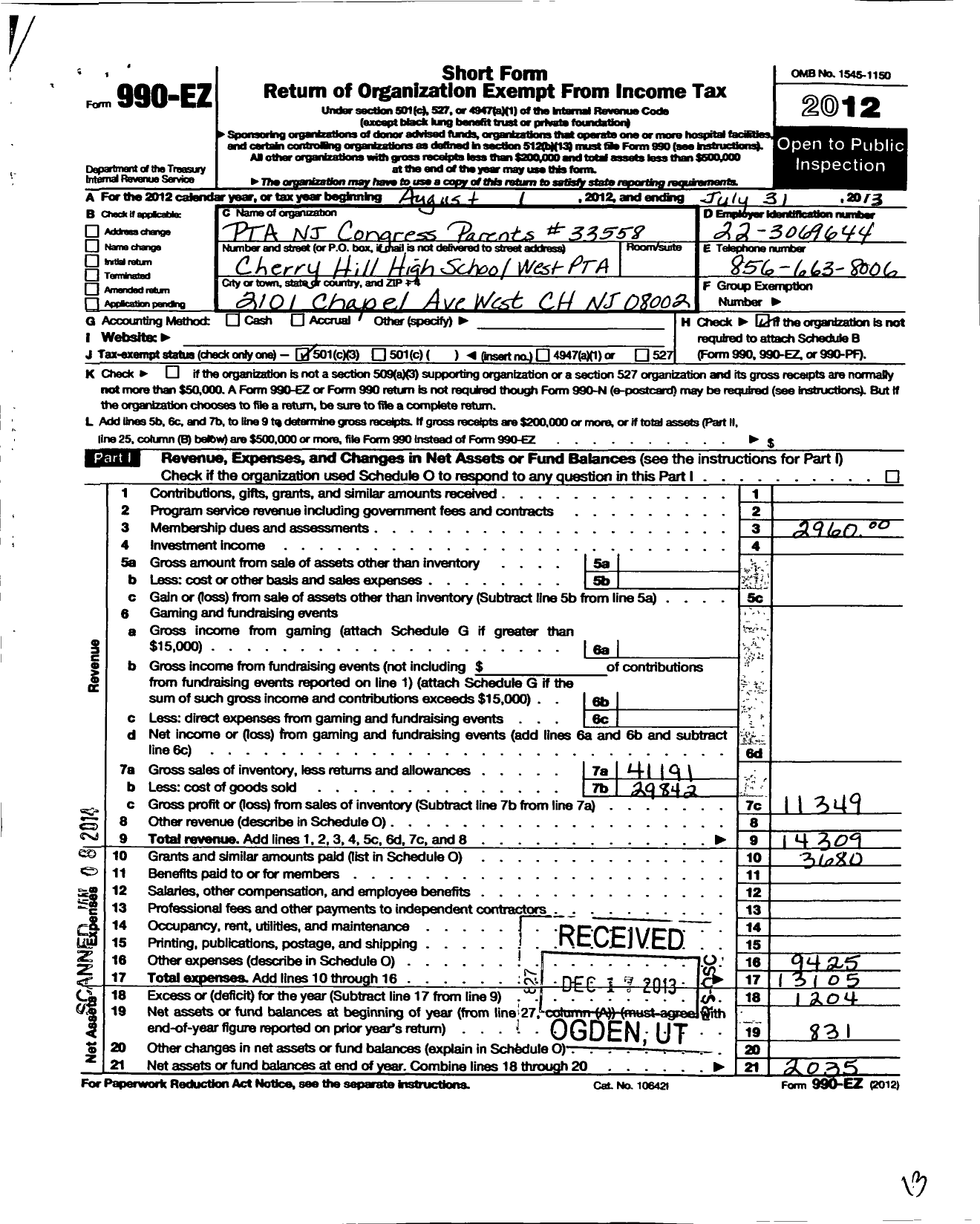 Image of first page of 2012 Form 990EZ for New Jersey PTA - 33558 Cherry Hill High SCH West PTA