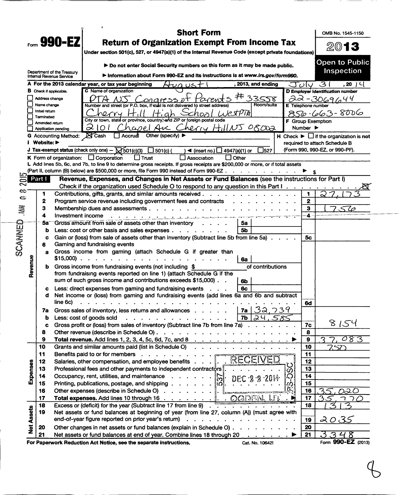 Image of first page of 2013 Form 990EZ for New Jersey PTA - 33558 Cherry Hill High SCH West PTA