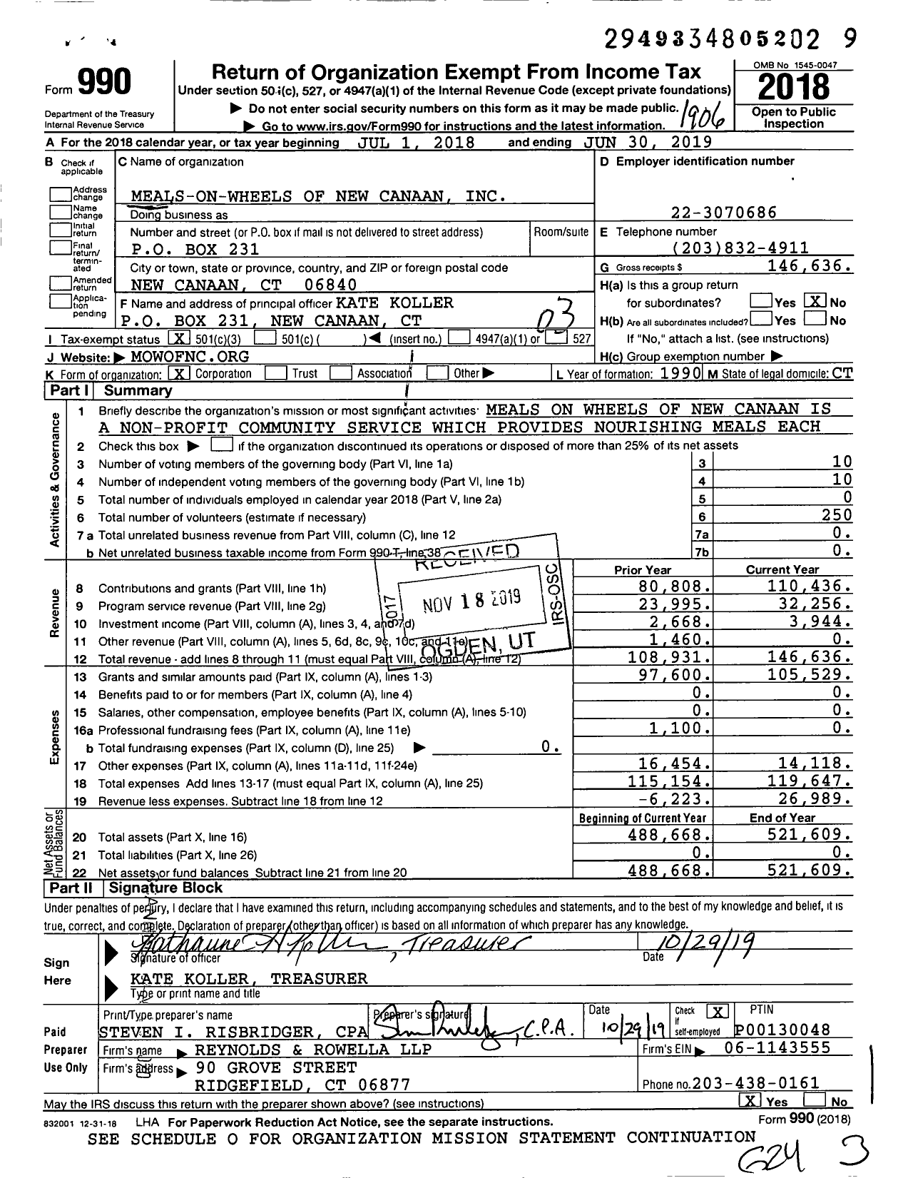 Image of first page of 2018 Form 990 for Meals-On-Wheels of New Canaan