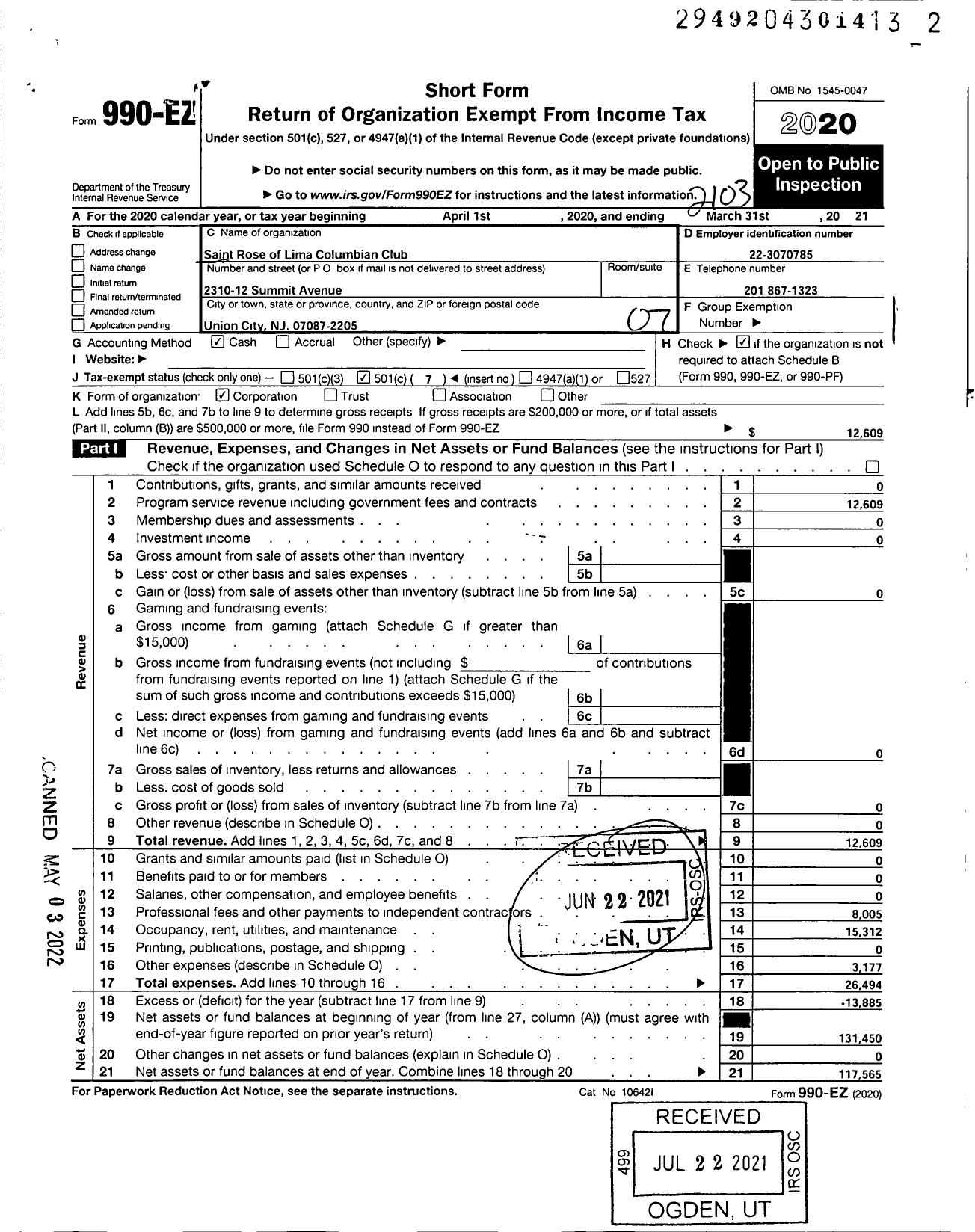 Image of first page of 2020 Form 990EO for St Rose of Lima Columbian Club