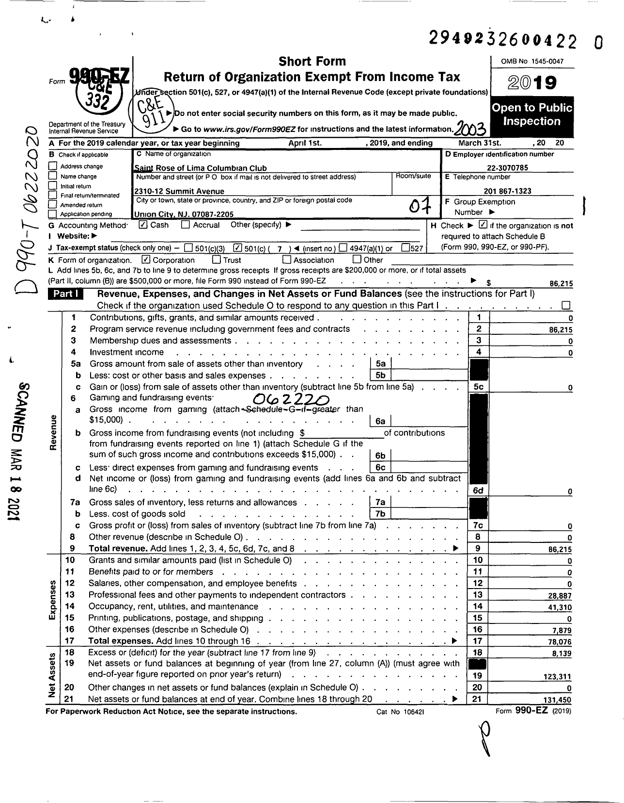 Image of first page of 2019 Form 990EO for St Rose of Lima Columbian Club