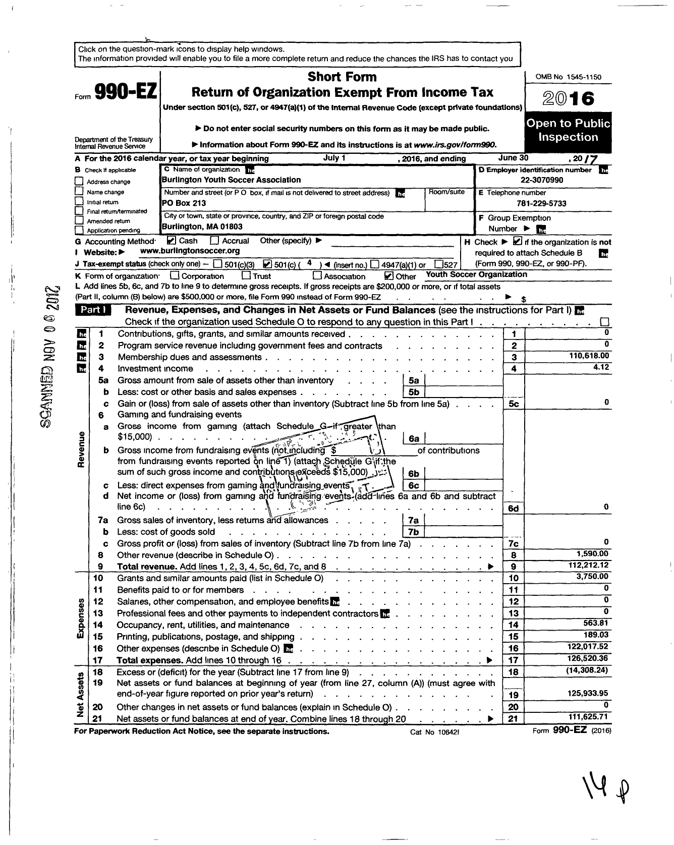 Image of first page of 2016 Form 990EO for Burlington Youth Soccer Association