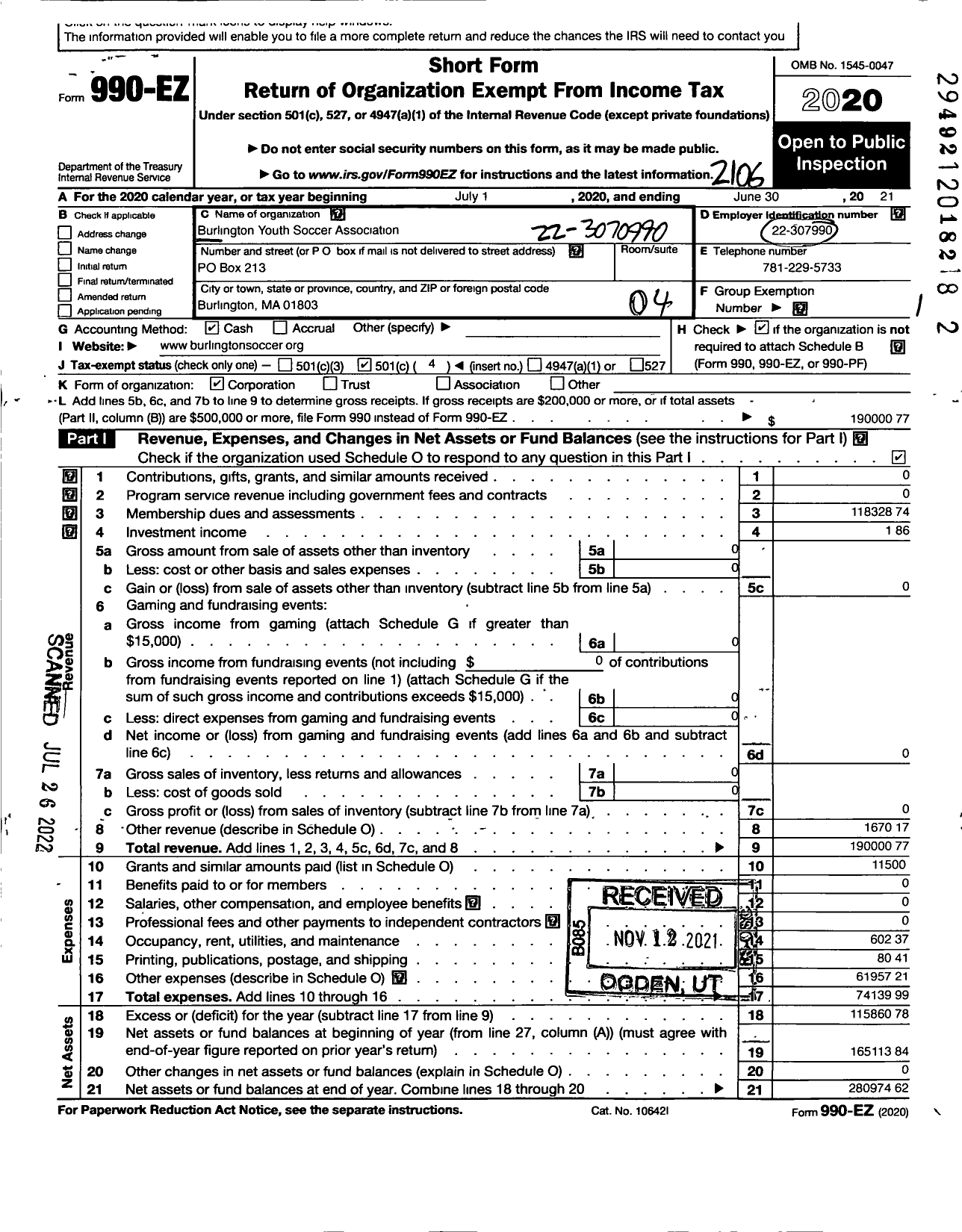 Image of first page of 2020 Form 990EO for Burlington Youth Soccer Association