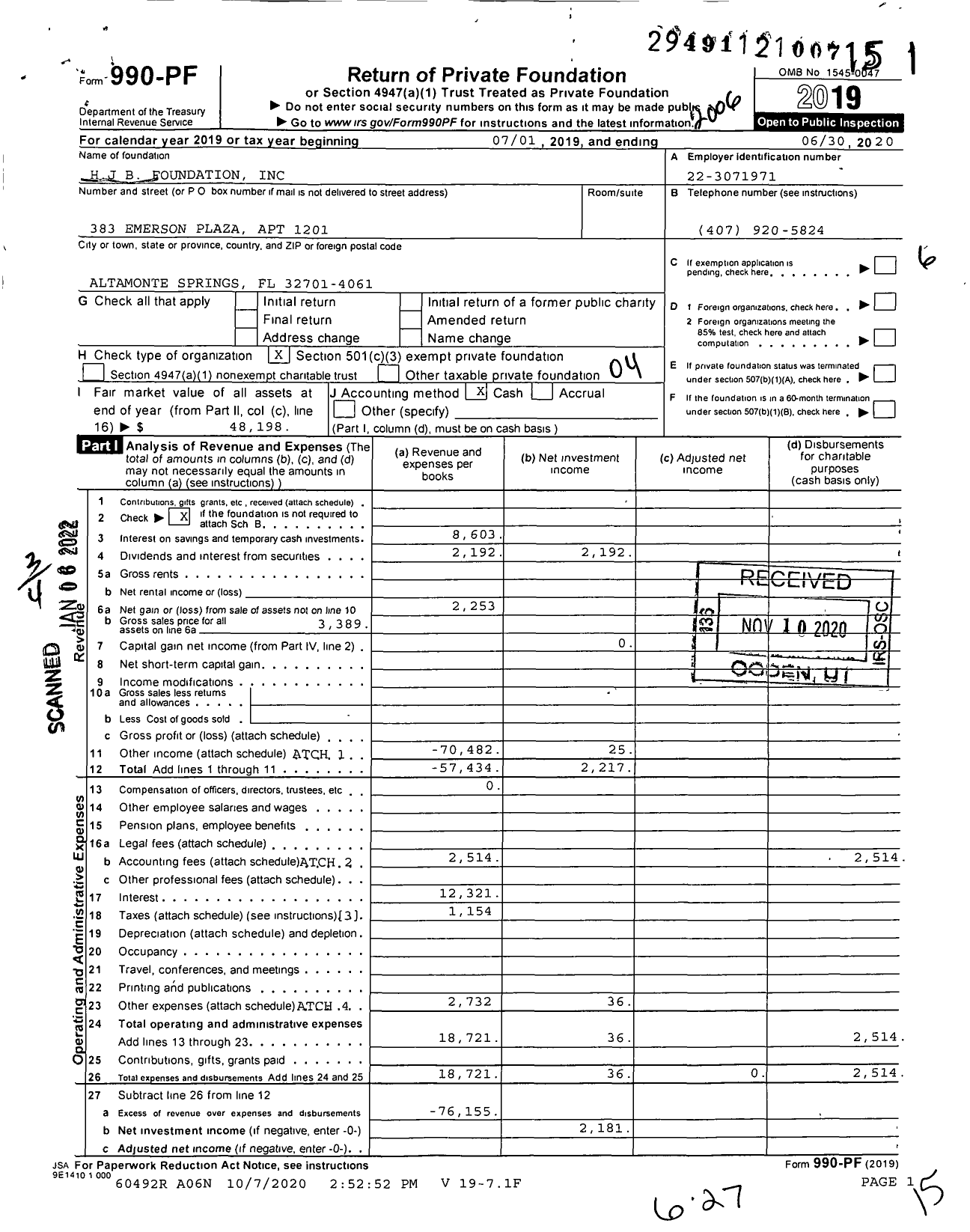 Image of first page of 2019 Form 990PF for HJB Foundation