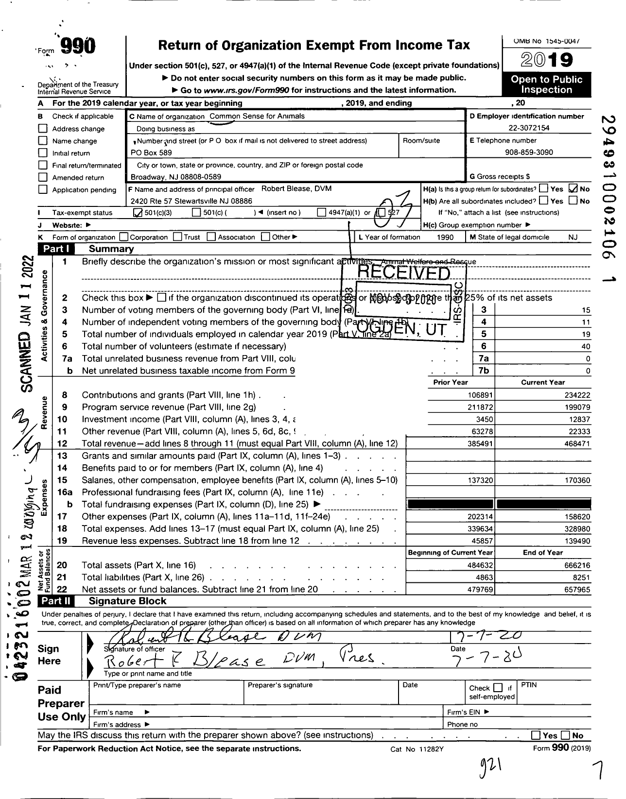 Image of first page of 2019 Form 990 for Common Sense for Animals A New Jersey Non-Profit Corporation