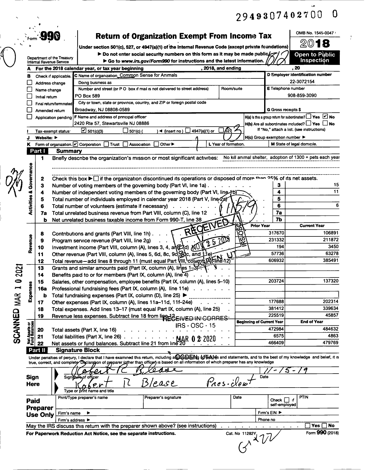 Image of first page of 2018 Form 990 for Common Sense for Animals A New Jersey Non-Profit Corporation