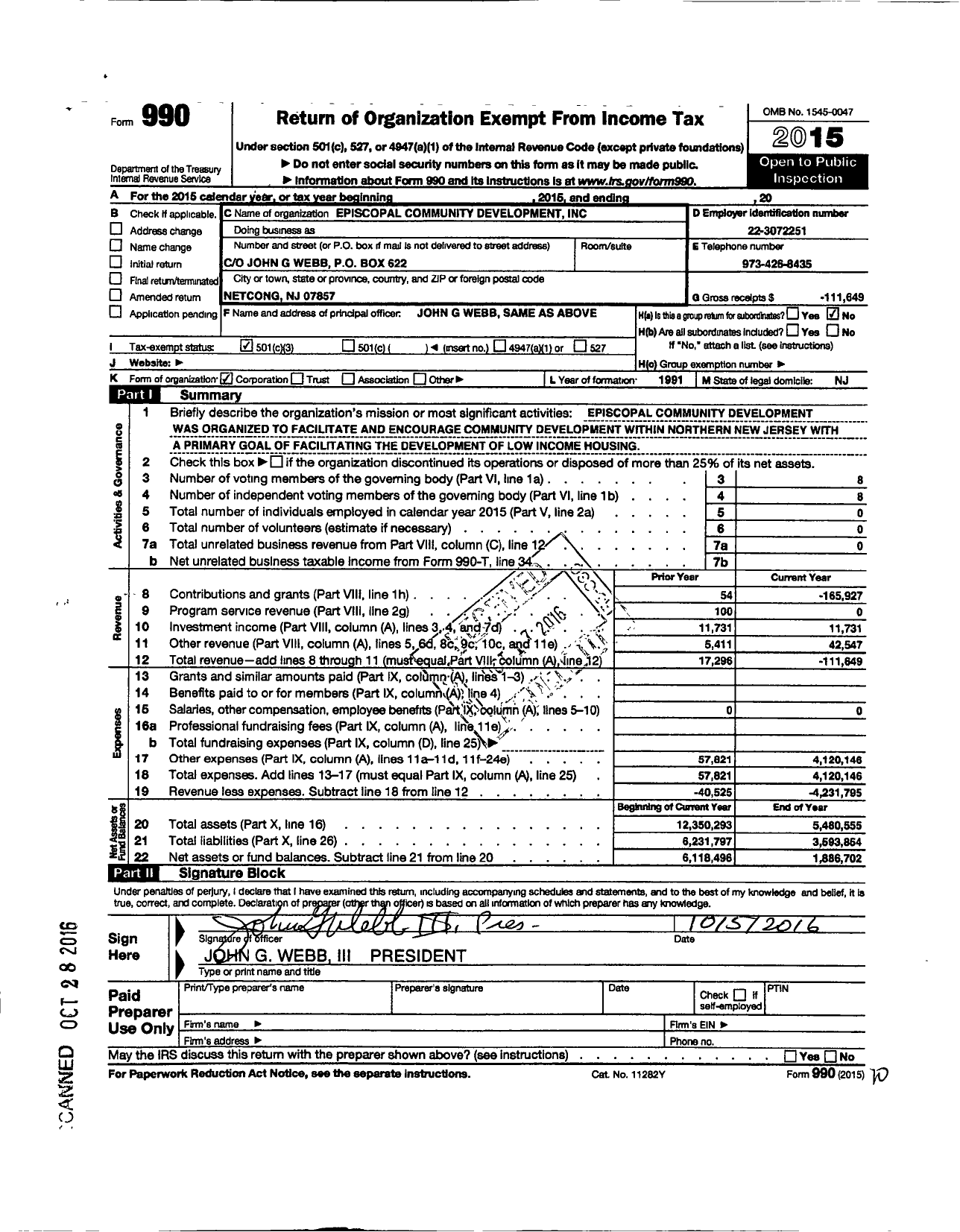 Image of first page of 2015 Form 990 for Episcopal Community Development