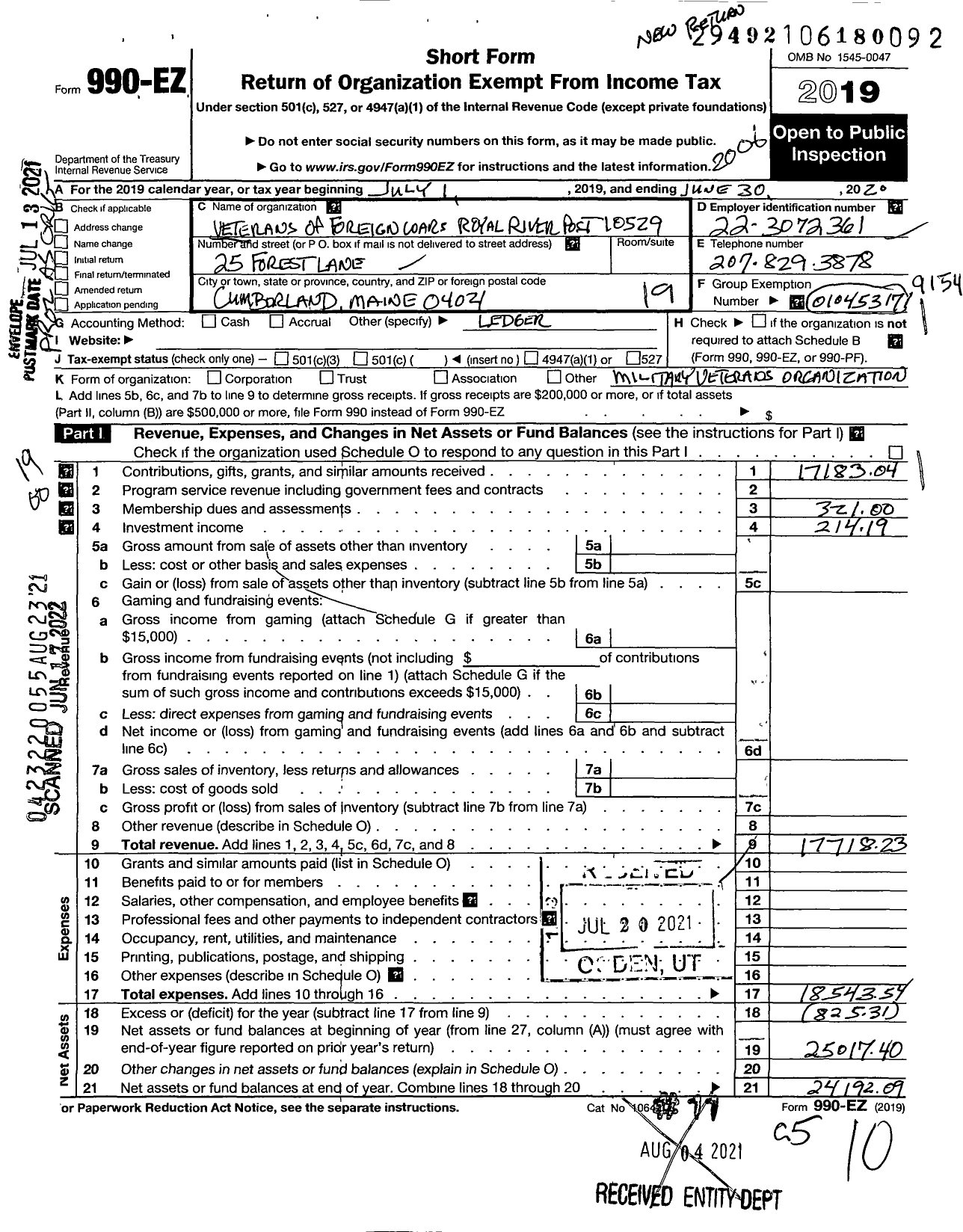 Image of first page of 2019 Form 990EO for Veterans of Foreign Wars of the United States Dept of Maine - 10529 Royal River Post