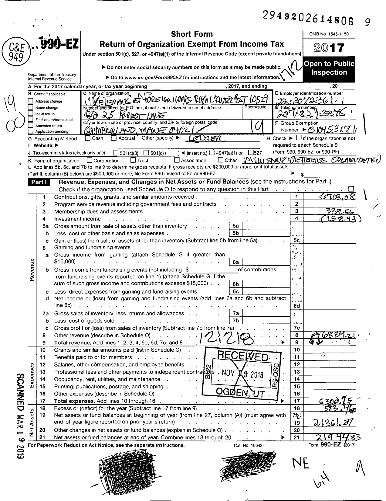 Image of first page of 2017 Form 990EO for Veterans of Foreign Wars of the United States Dept of Maine - 10529 Royal River Post