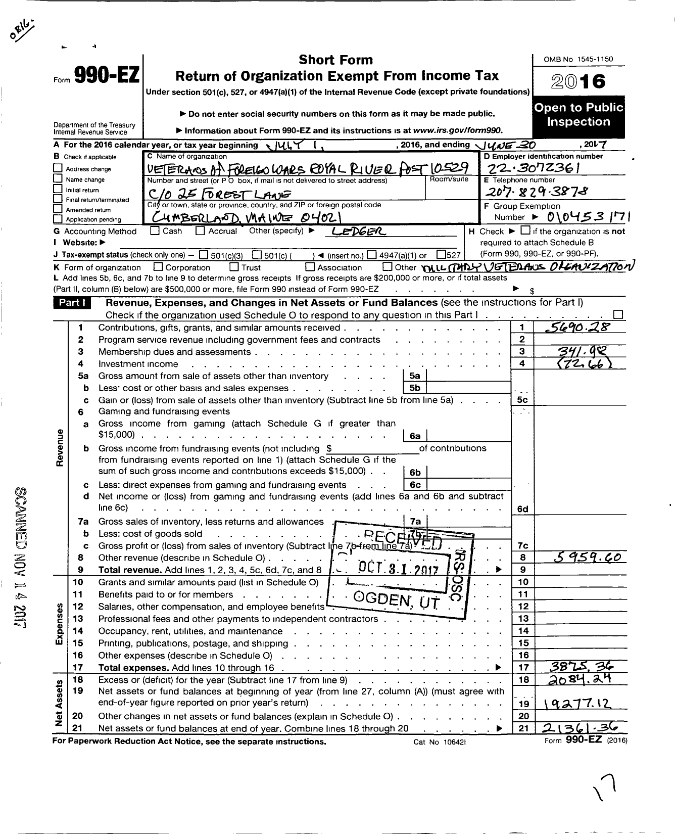 Image of first page of 2016 Form 990EO for Veterans of Foreign Wars of the United States Dept of Maine - 10529 Royal River Post