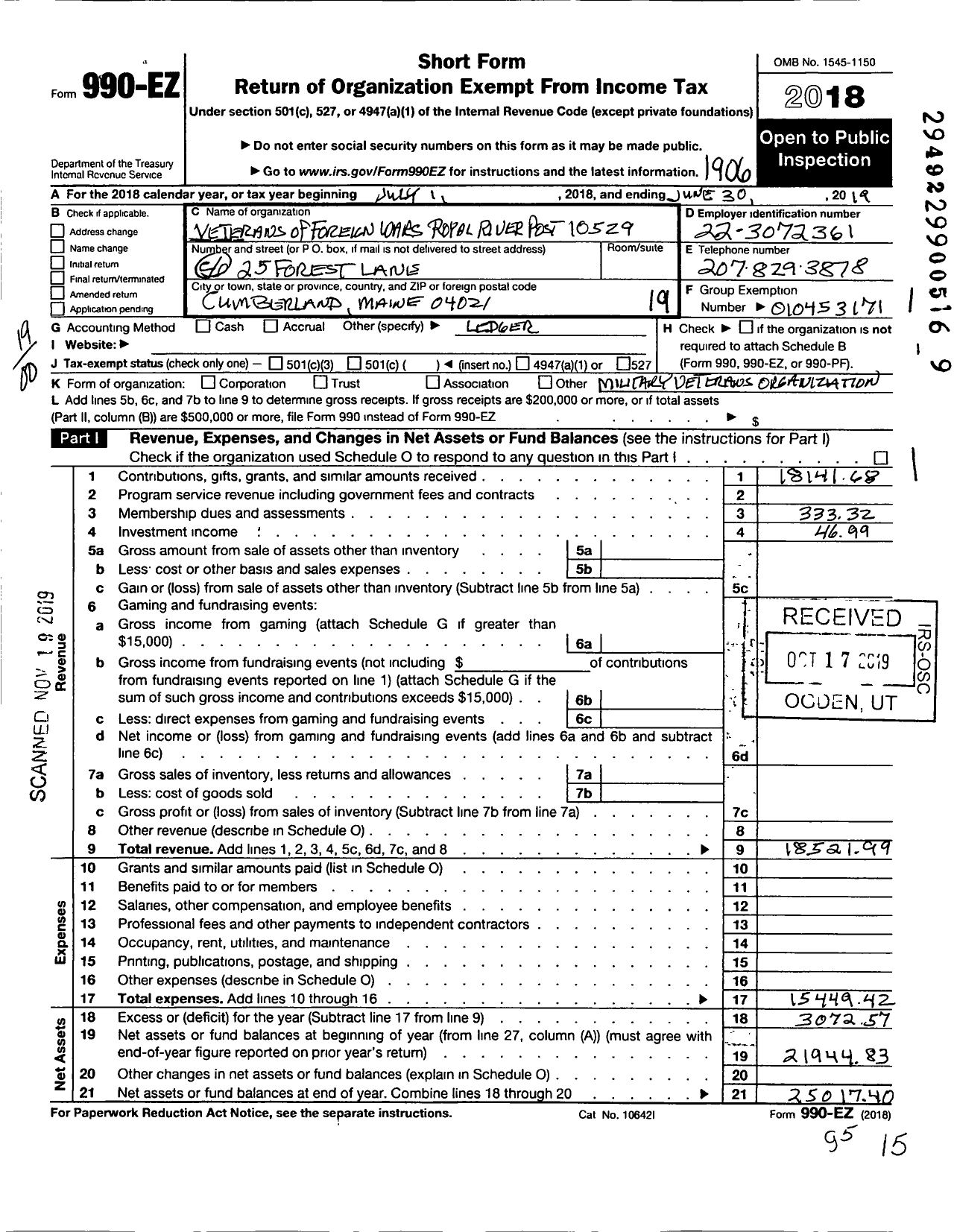 Image of first page of 2018 Form 990EO for Veterans of Foreign Wars of the United States Dept of Maine - 10529 Royal River Post