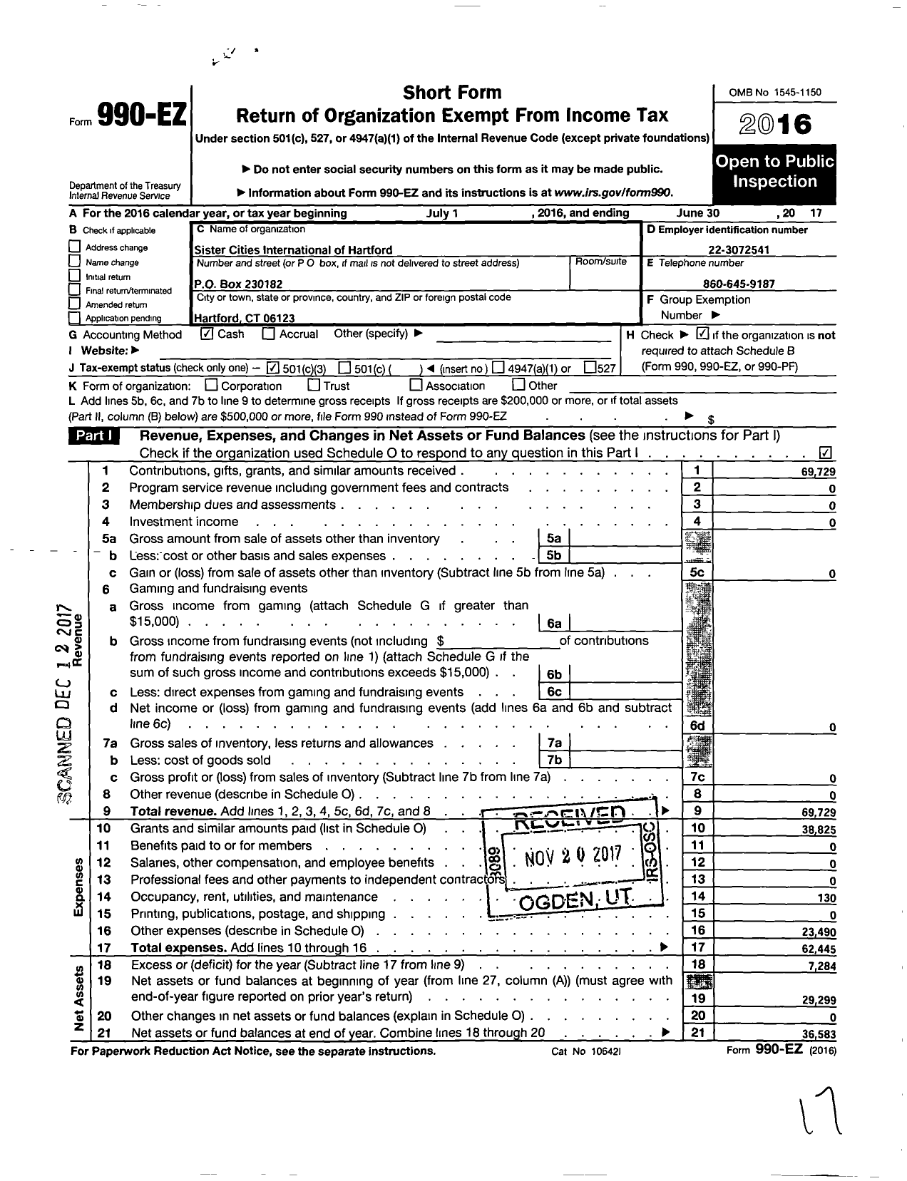 Image of first page of 2016 Form 990EZ for Sister Cities International of Hartford CT