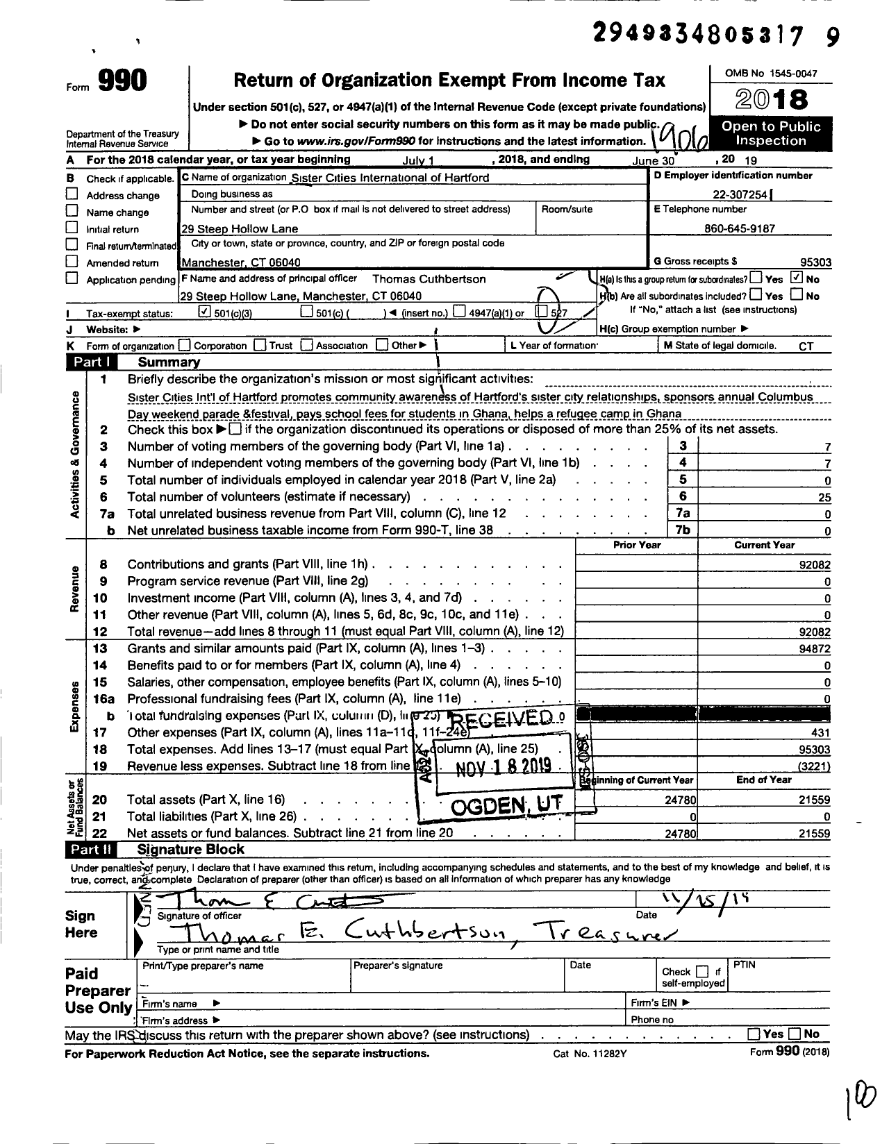 Image of first page of 2018 Form 990 for Sister Cities International of Hartford CT