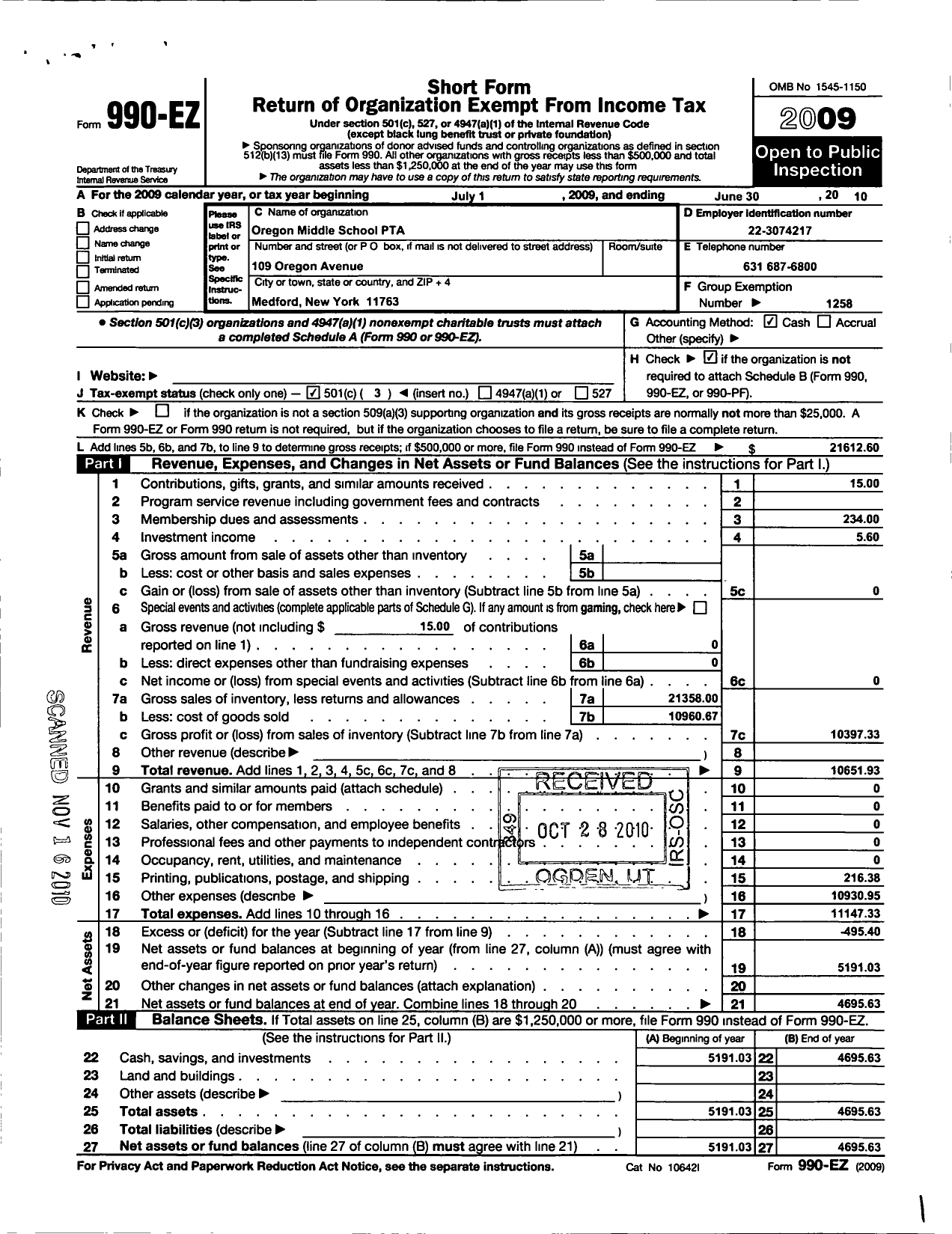 Image of first page of 2009 Form 990EZ for New York State PTA - 05-501 Oregon Middle School PTA