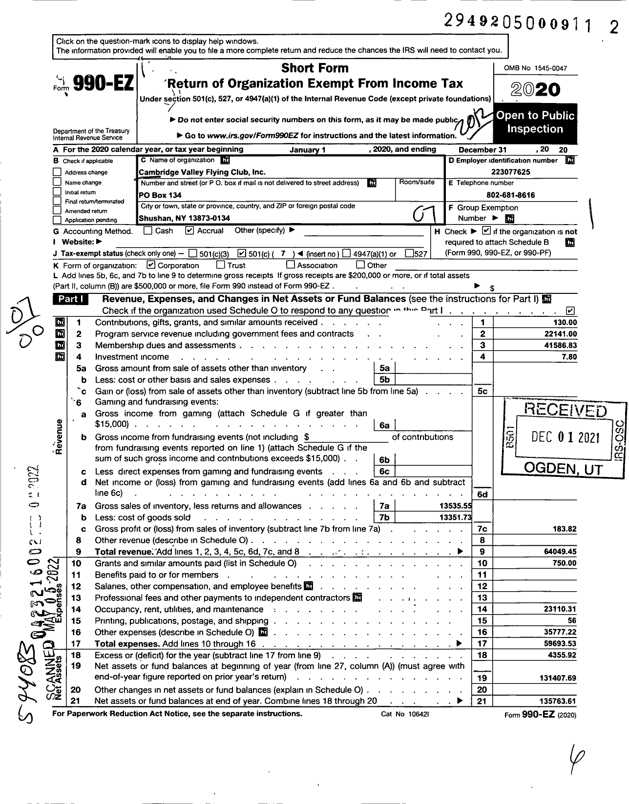 Image of first page of 2020 Form 990EO for Cambridge Valley Flying Club