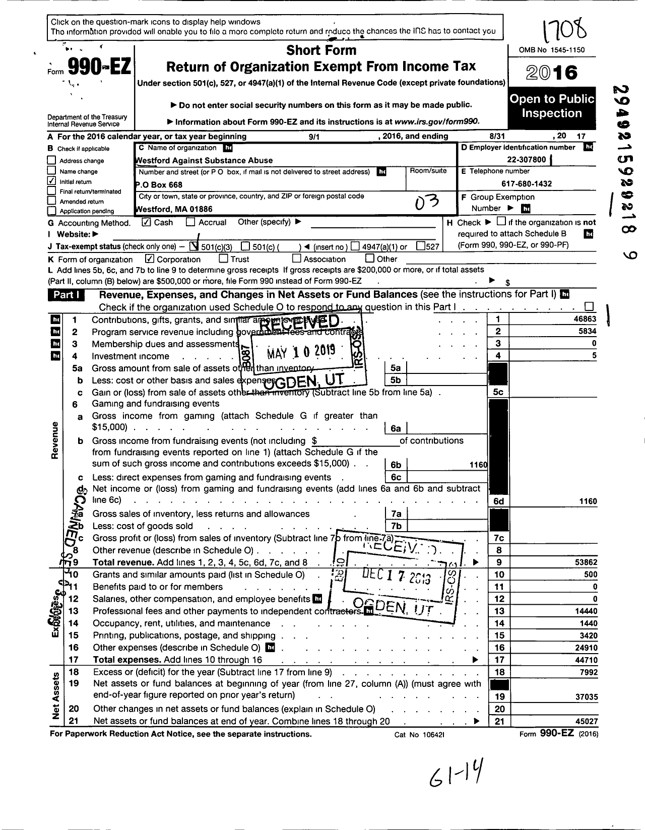 Image of first page of 2016 Form 990EZ for Greater Westford Wellness Foundation