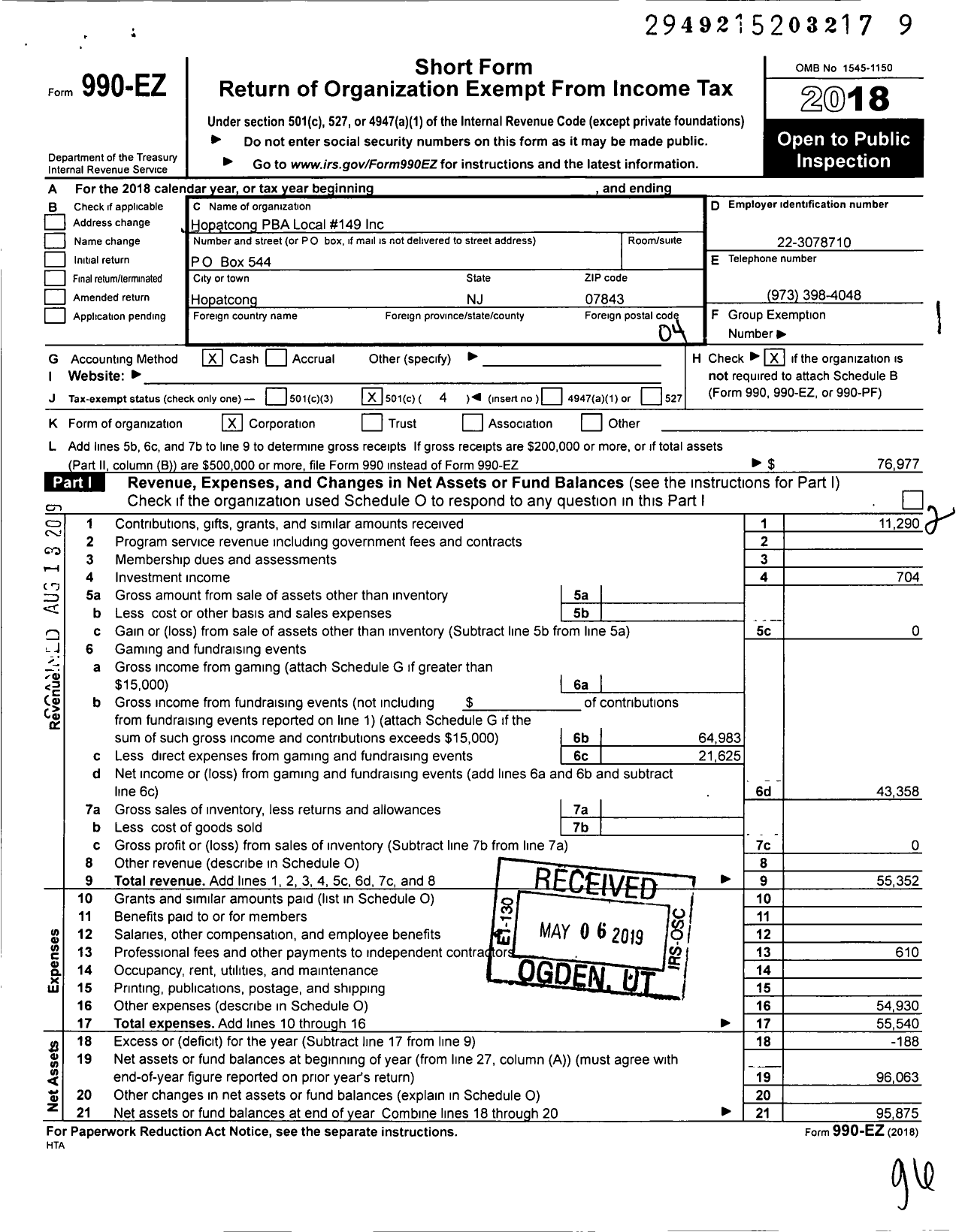 Image of first page of 2018 Form 990EO for NJ State Patrolmen's Benevolent Association - 149 Hopatcong Boro PBA