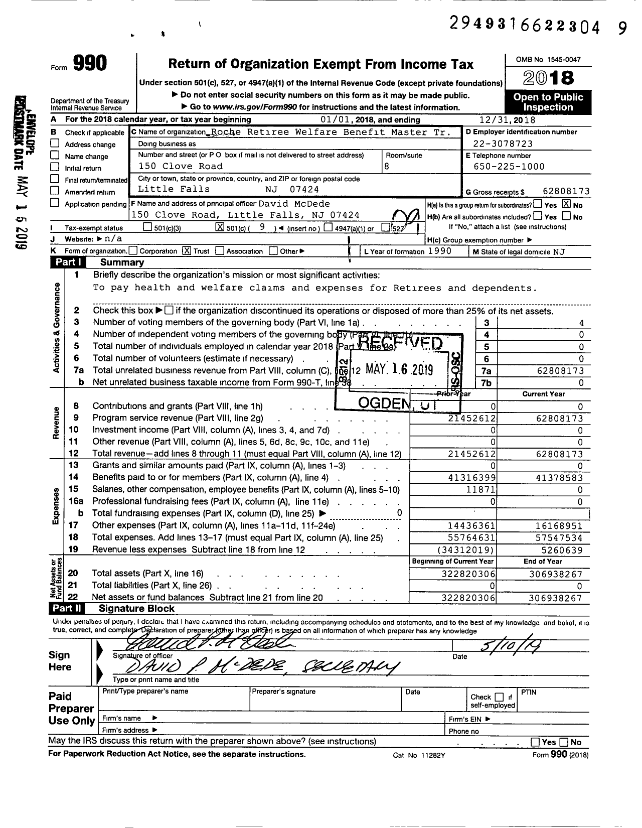 Image of first page of 2018 Form 990O for Roche Retiree Welfare Benefit Trust
