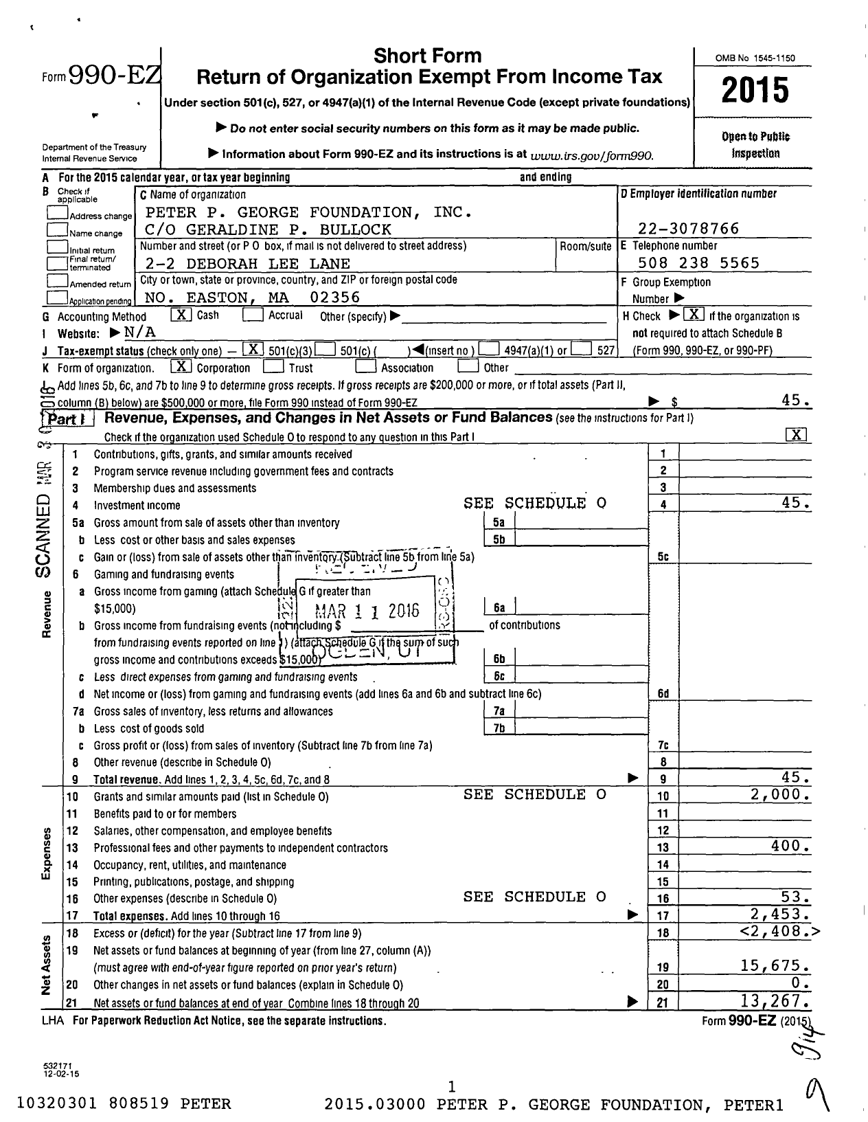 Image of first page of 2015 Form 990EZ for Peter P George Foundation