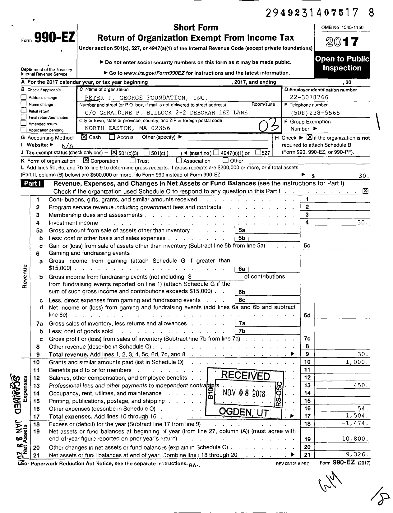 Image of first page of 2017 Form 990EZ for Peter P George Foundation