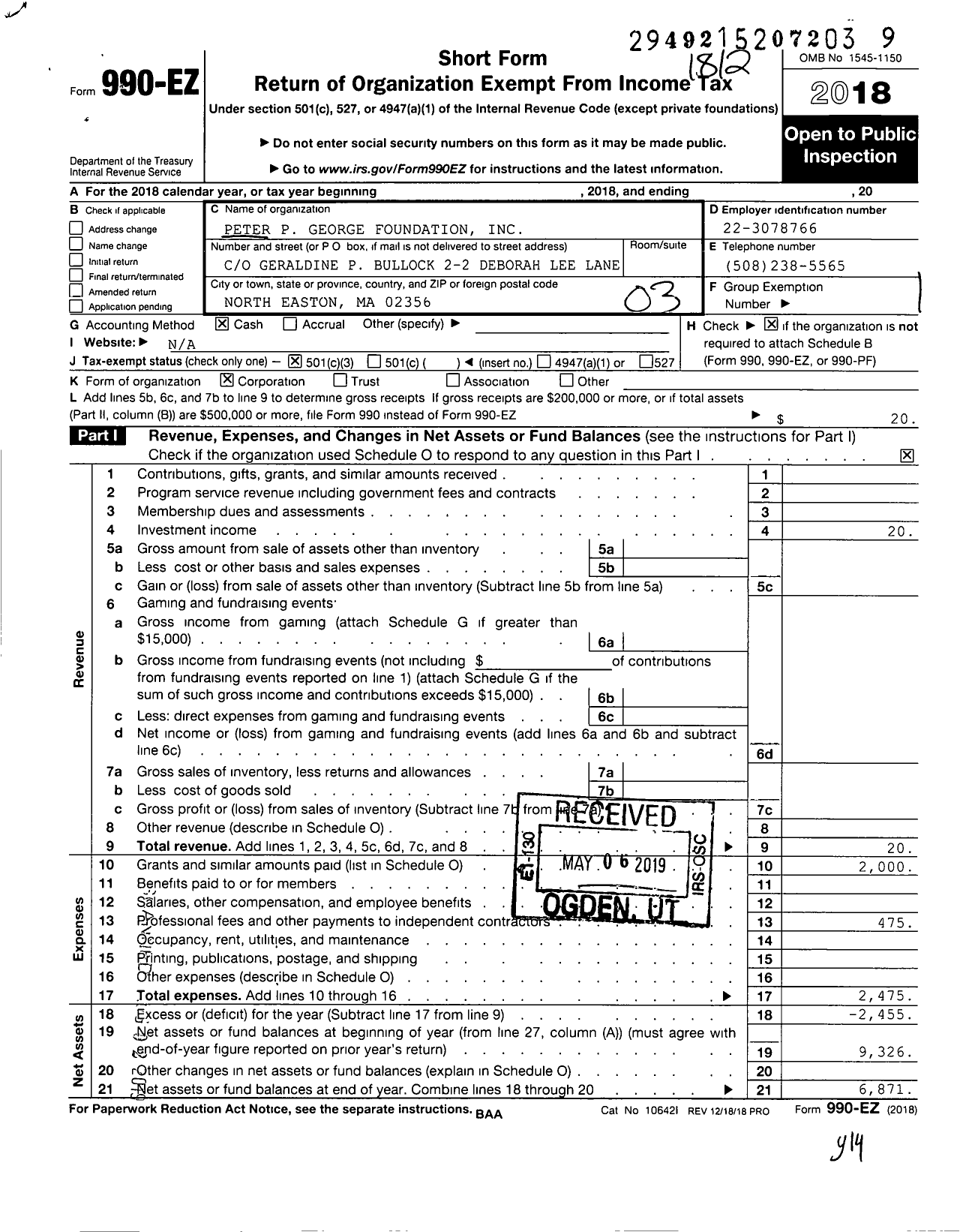 Image of first page of 2018 Form 990EZ for Peter P George Foundation