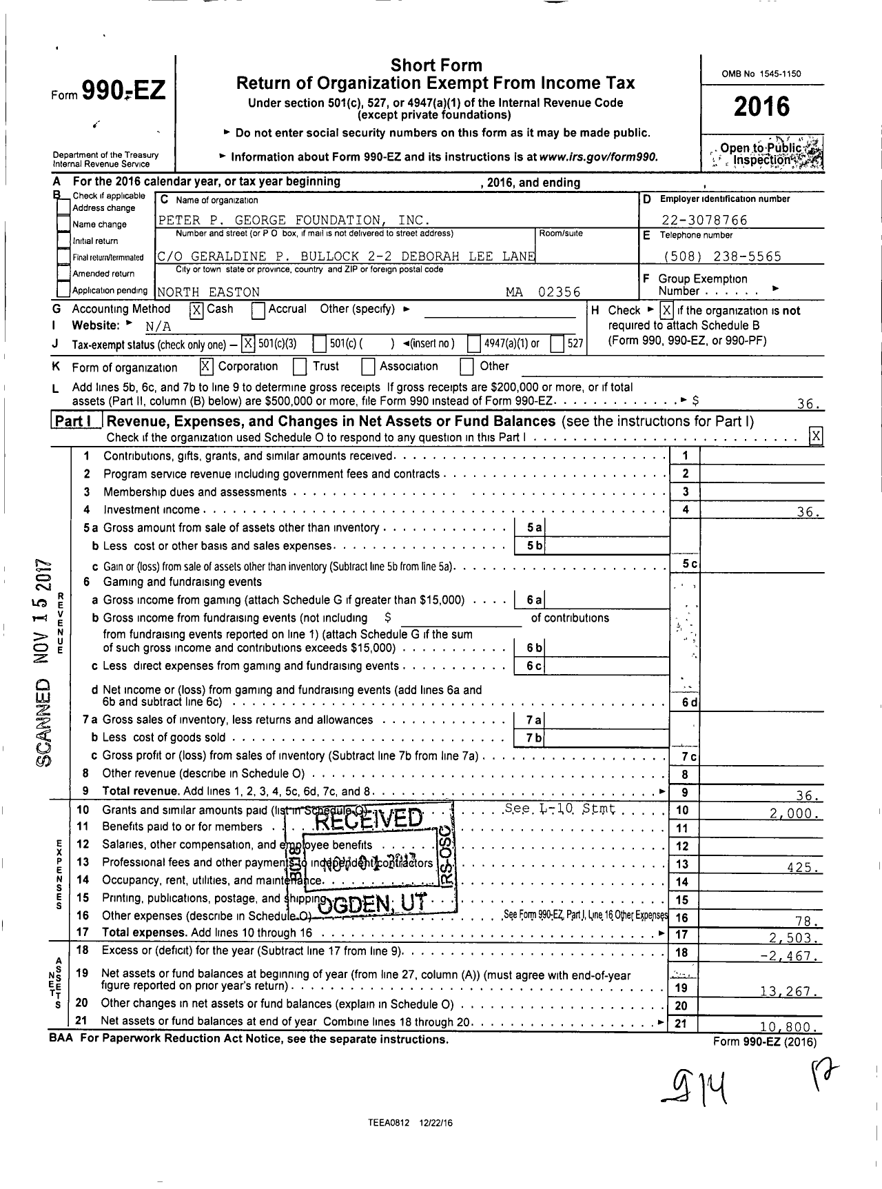 Image of first page of 2016 Form 990EZ for Peter P George Foundation