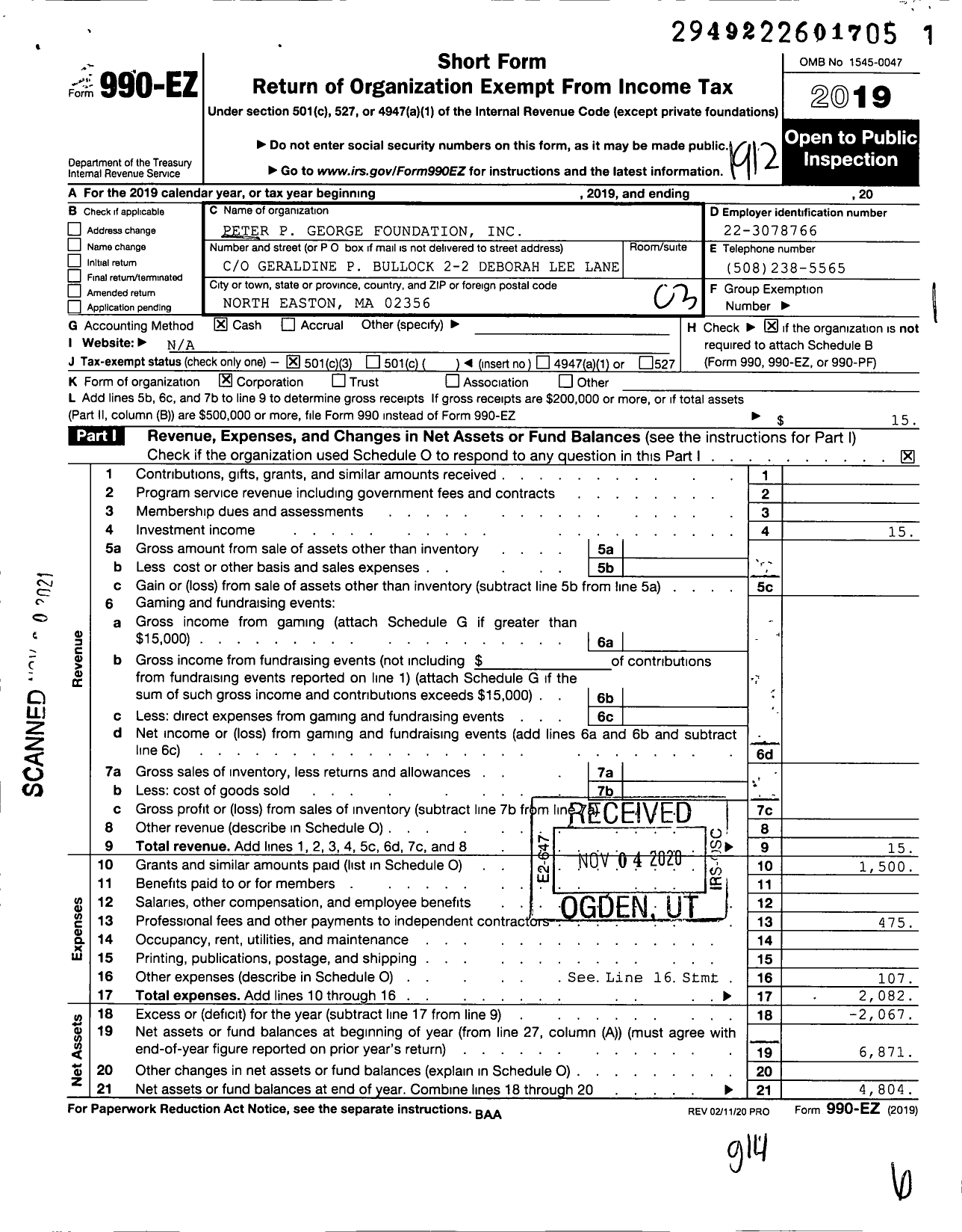 Image of first page of 2019 Form 990EZ for Peter P George Foundation