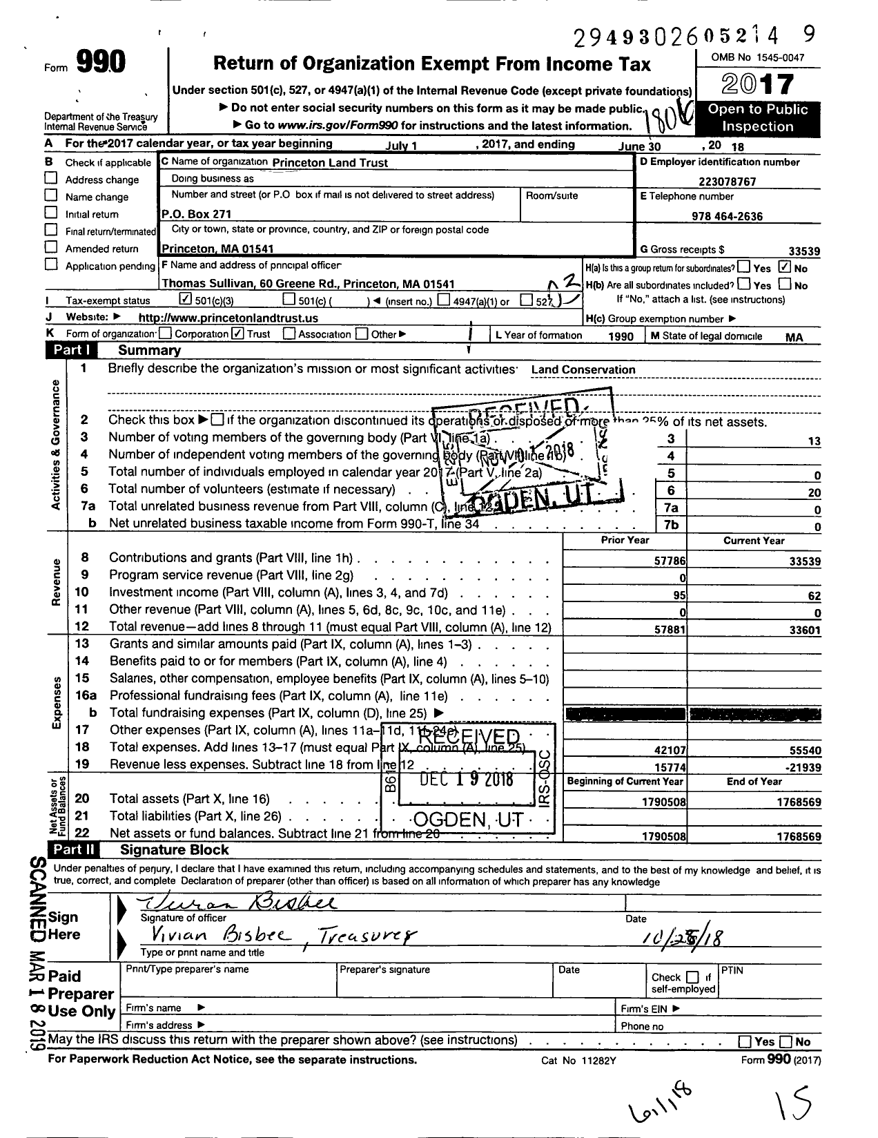 Image of first page of 2017 Form 990 for Princeton Land Trust