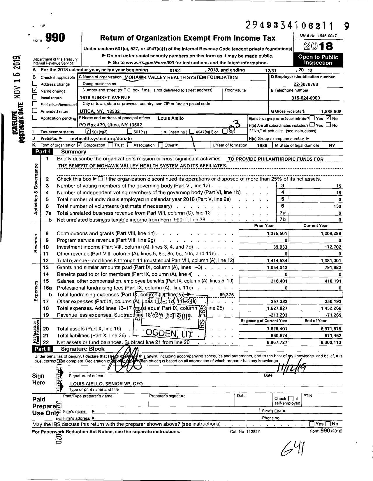 Image of first page of 2018 Form 990 for Mohawk Valley Health System Foundation