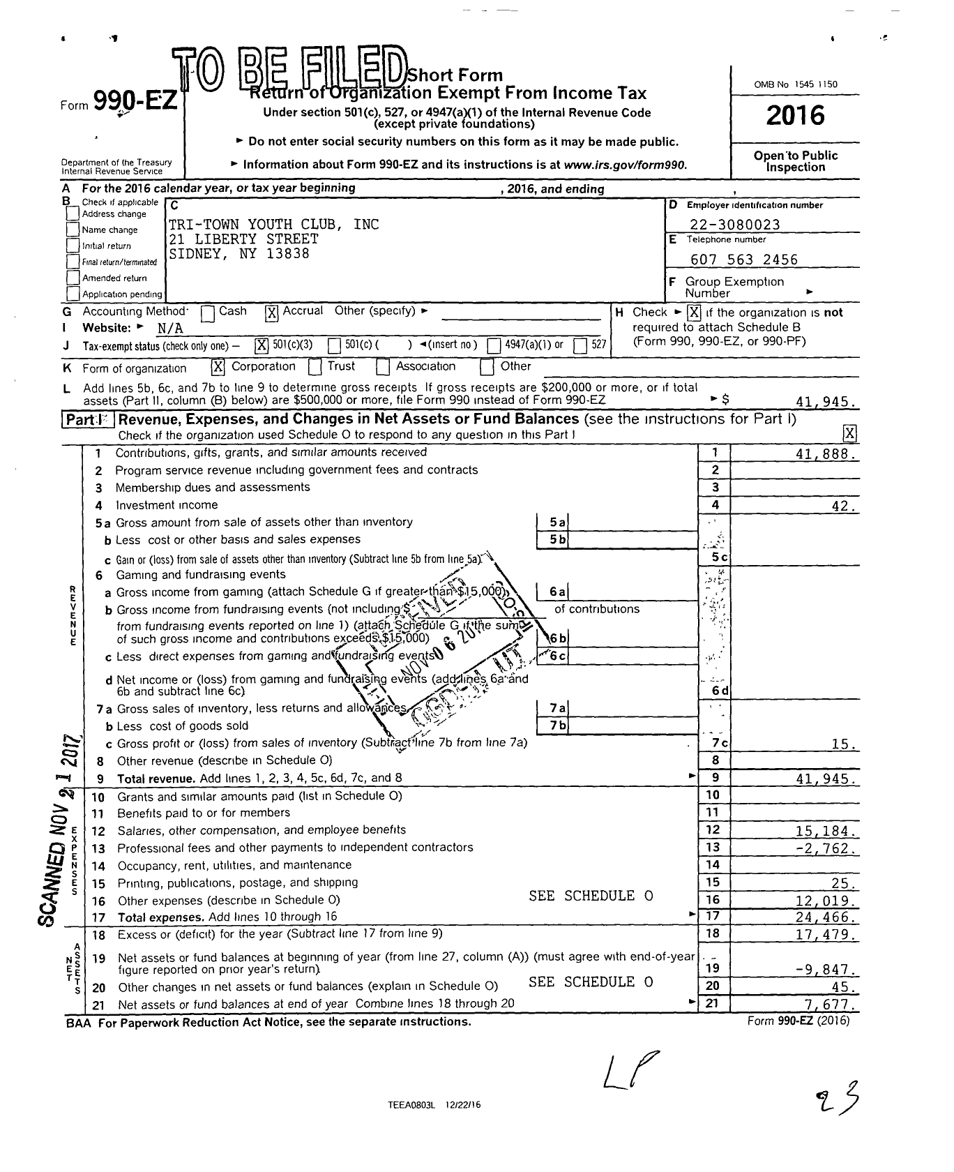 Image of first page of 2016 Form 990EZ for Tri-Town Youth Club