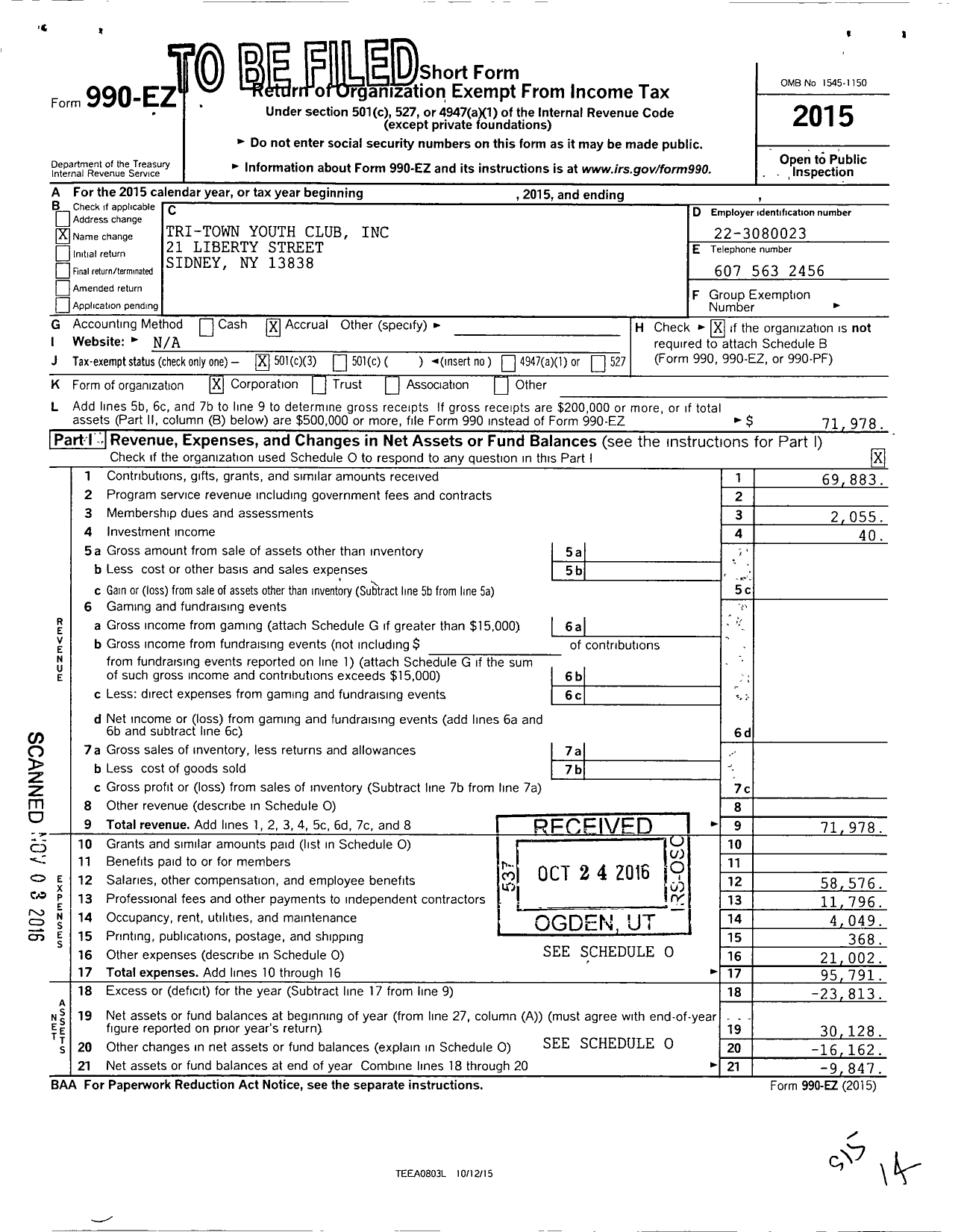 Image of first page of 2015 Form 990EZ for Tri-Town Youth Club