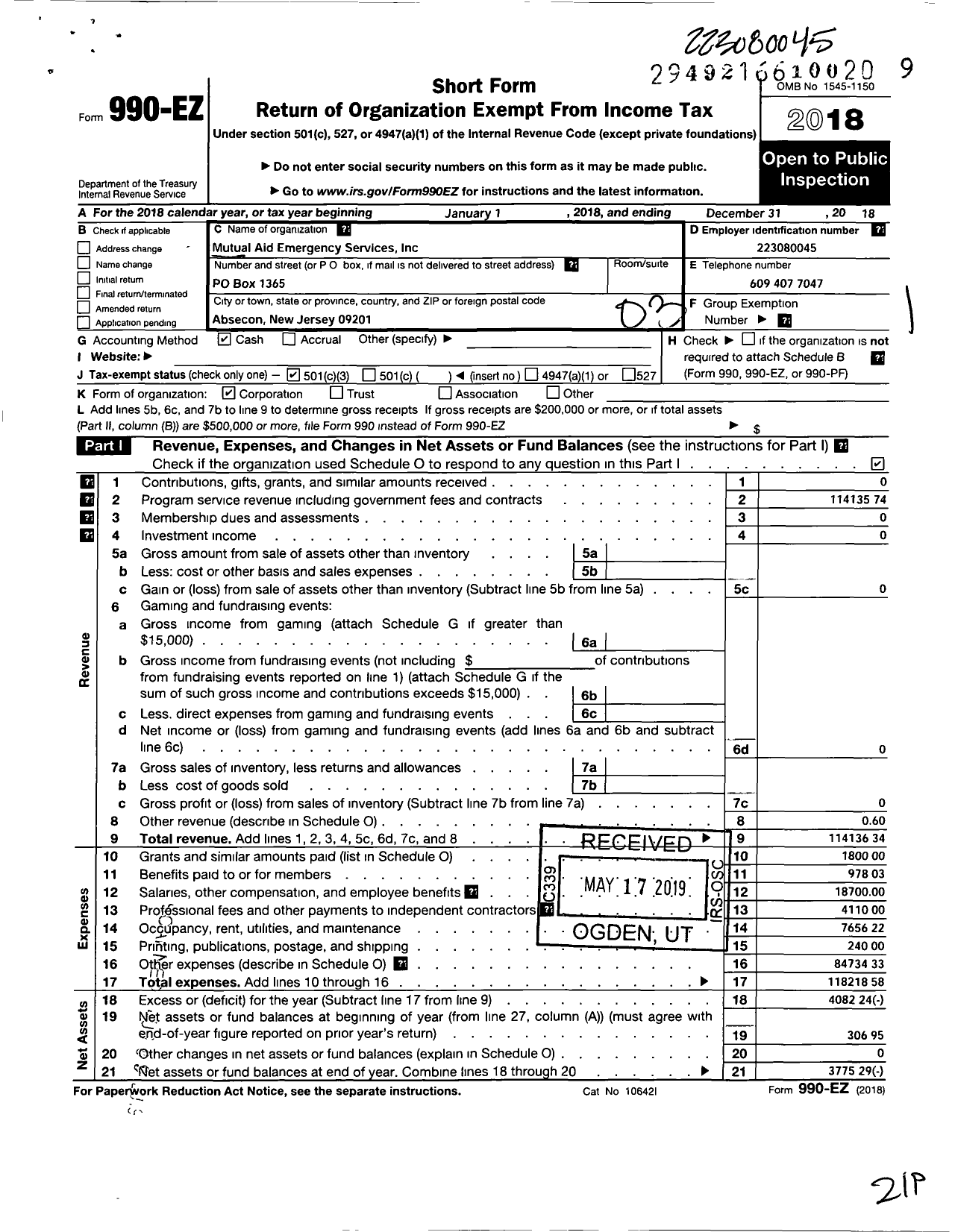 Image of first page of 2018 Form 990EZ for Mutual Aid Emergency Services