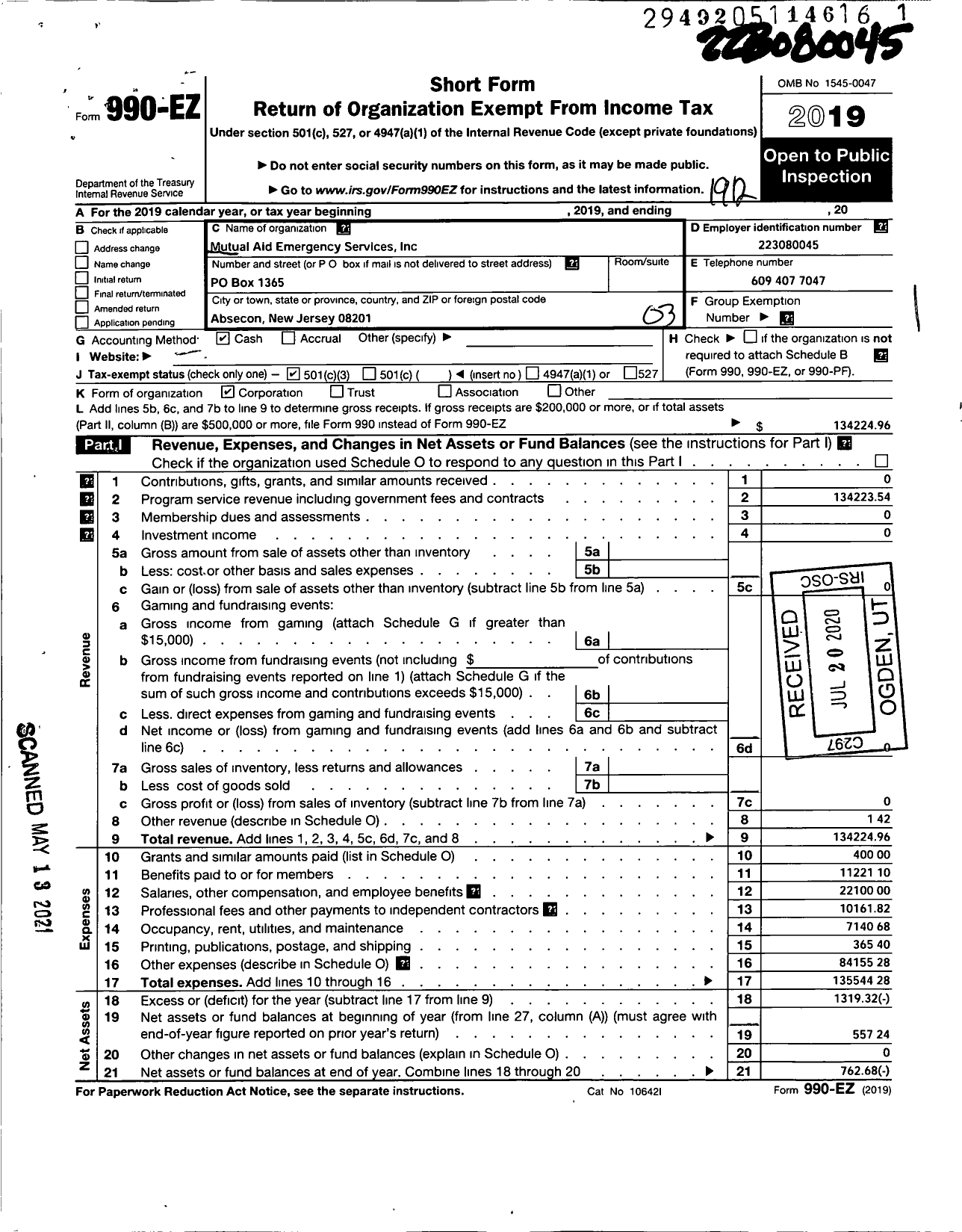 Image of first page of 2019 Form 990EZ for Mutual Aid Emergency Services