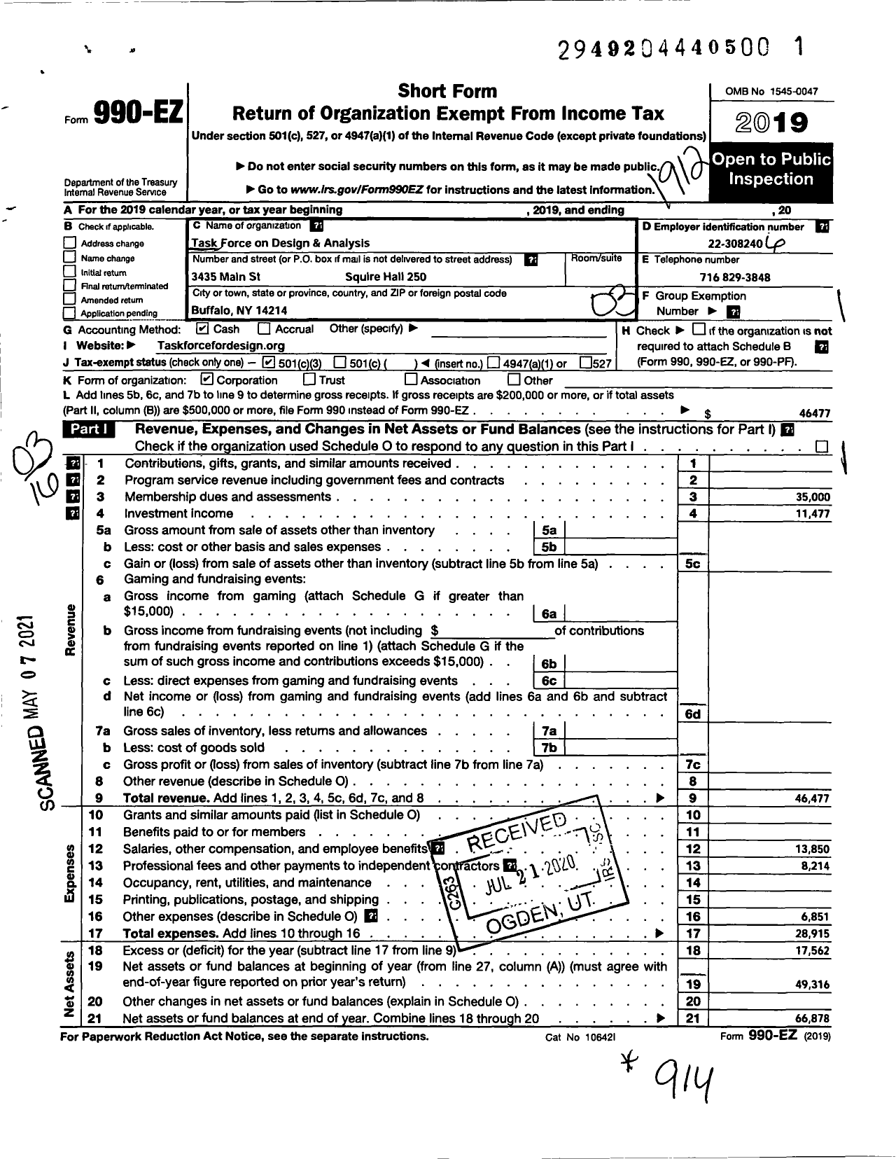 Image of first page of 2019 Form 990EZ for Task Force on Design & Analysis