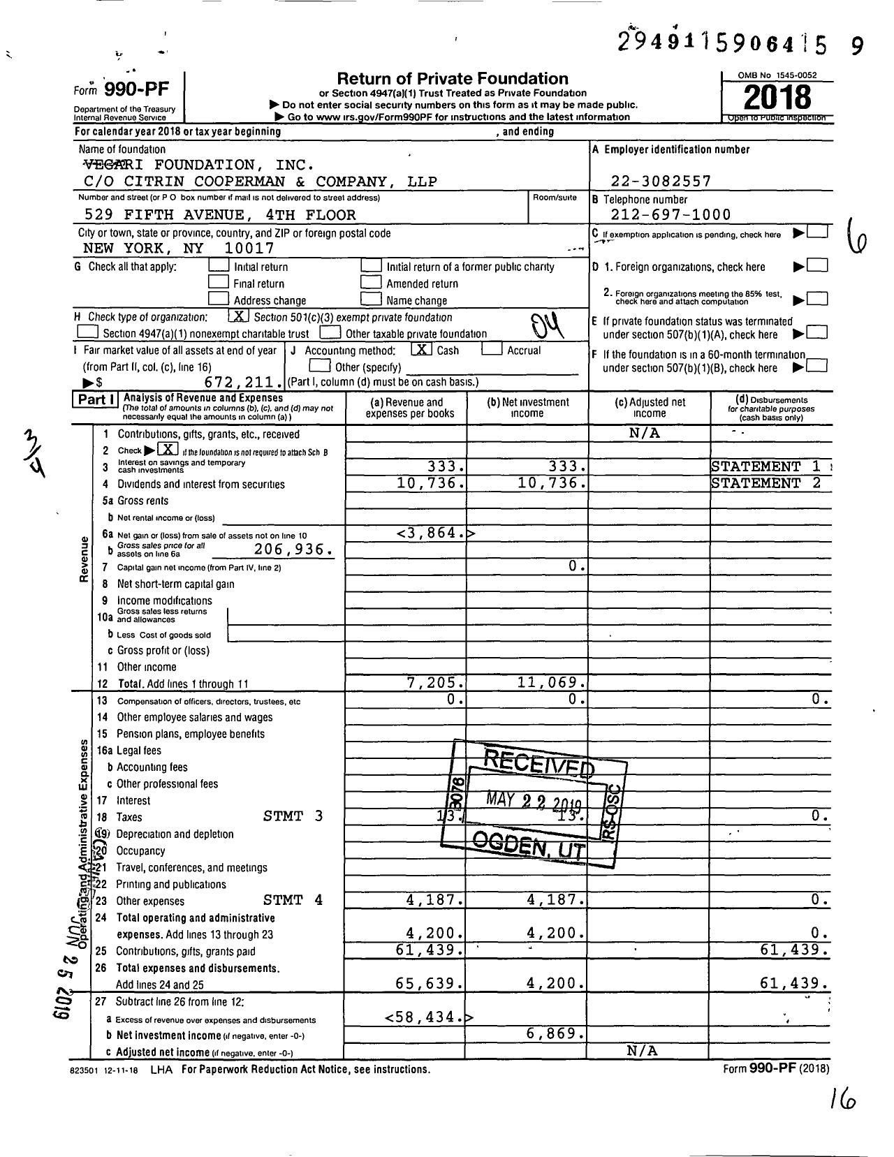 Image of first page of 2018 Form 990PF for Vegari Foundation