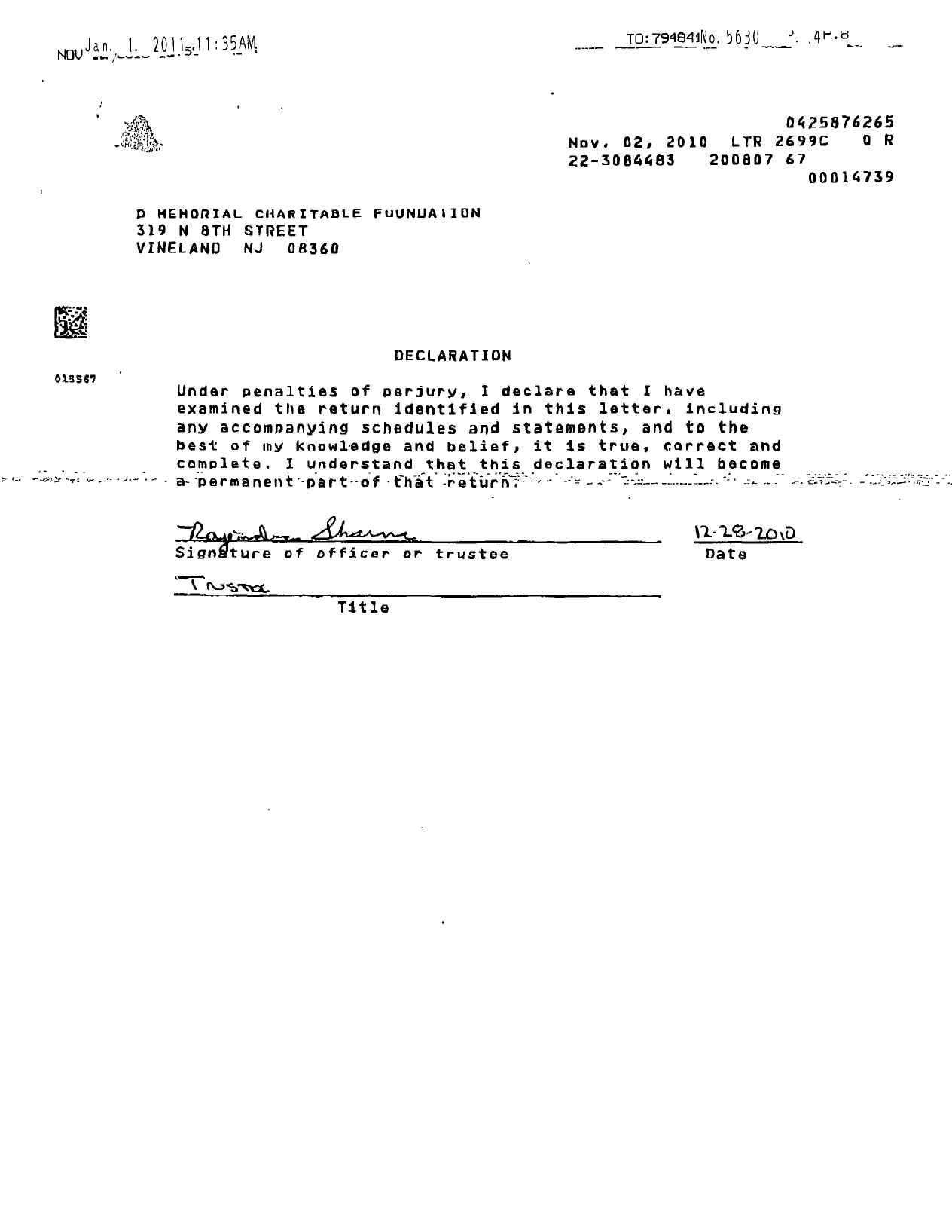 Image of first page of 2007 Form 990ER for D Memorial Charitable Foundation