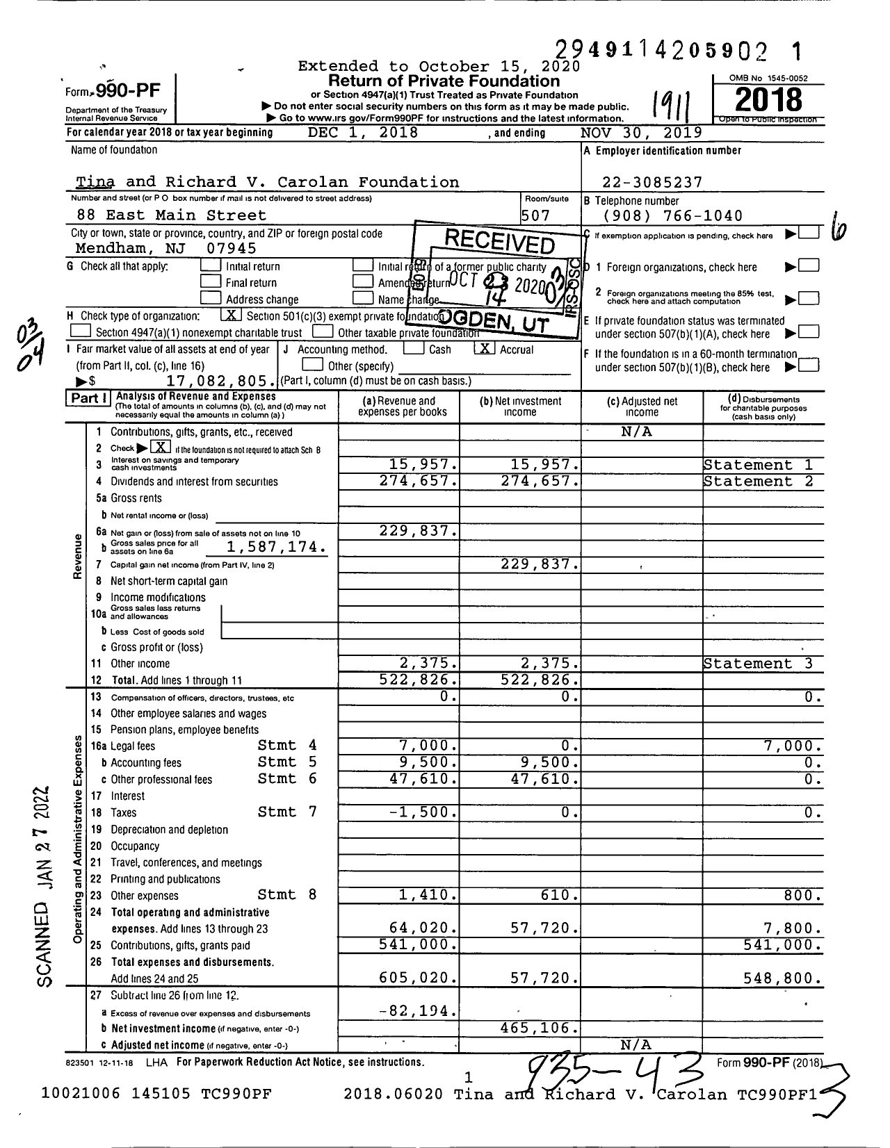 Image of first page of 2018 Form 990PF for Tina and Richard V Carolan Foundation