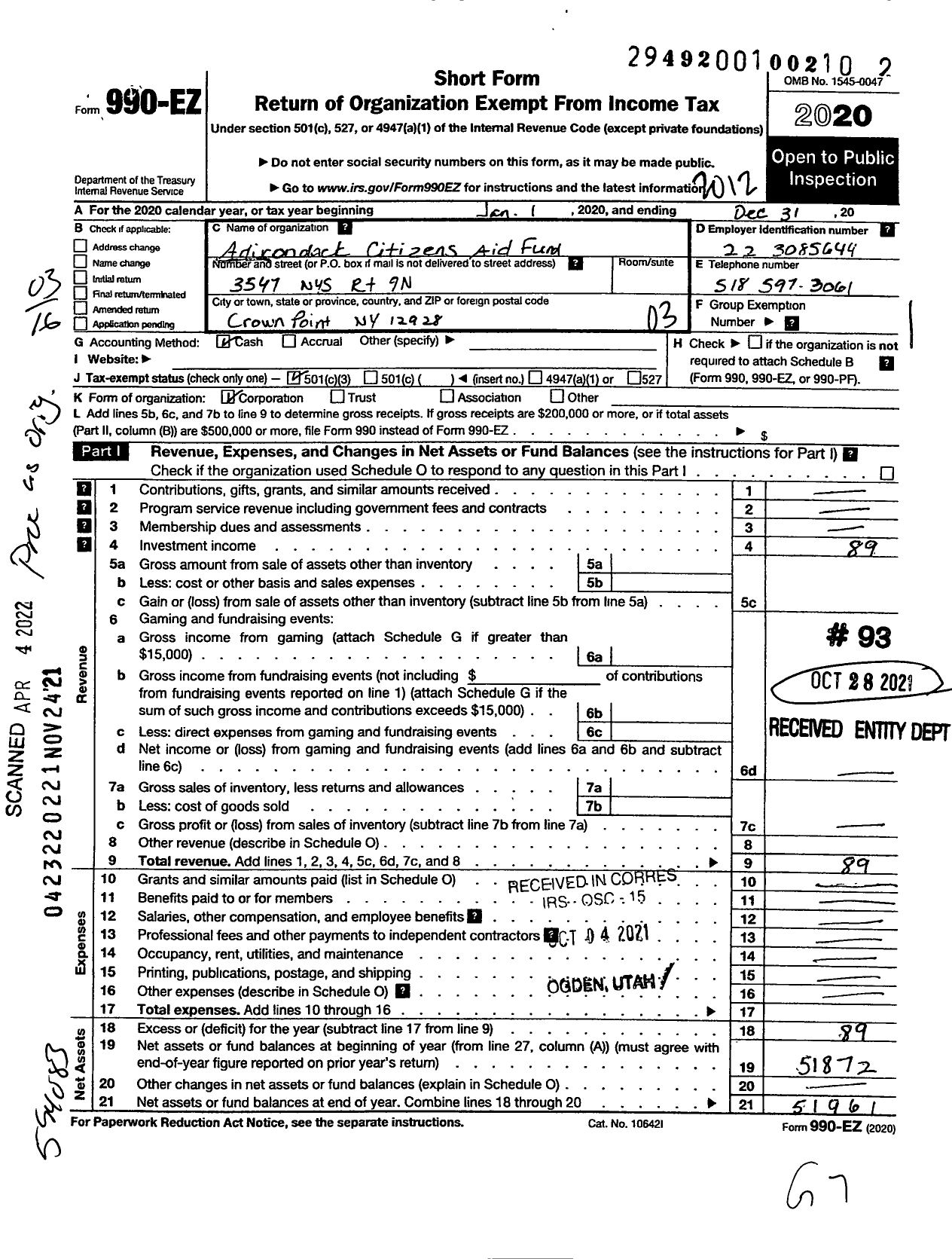 Image of first page of 2020 Form 990EZ for Adirondack Citizens Aid Fund