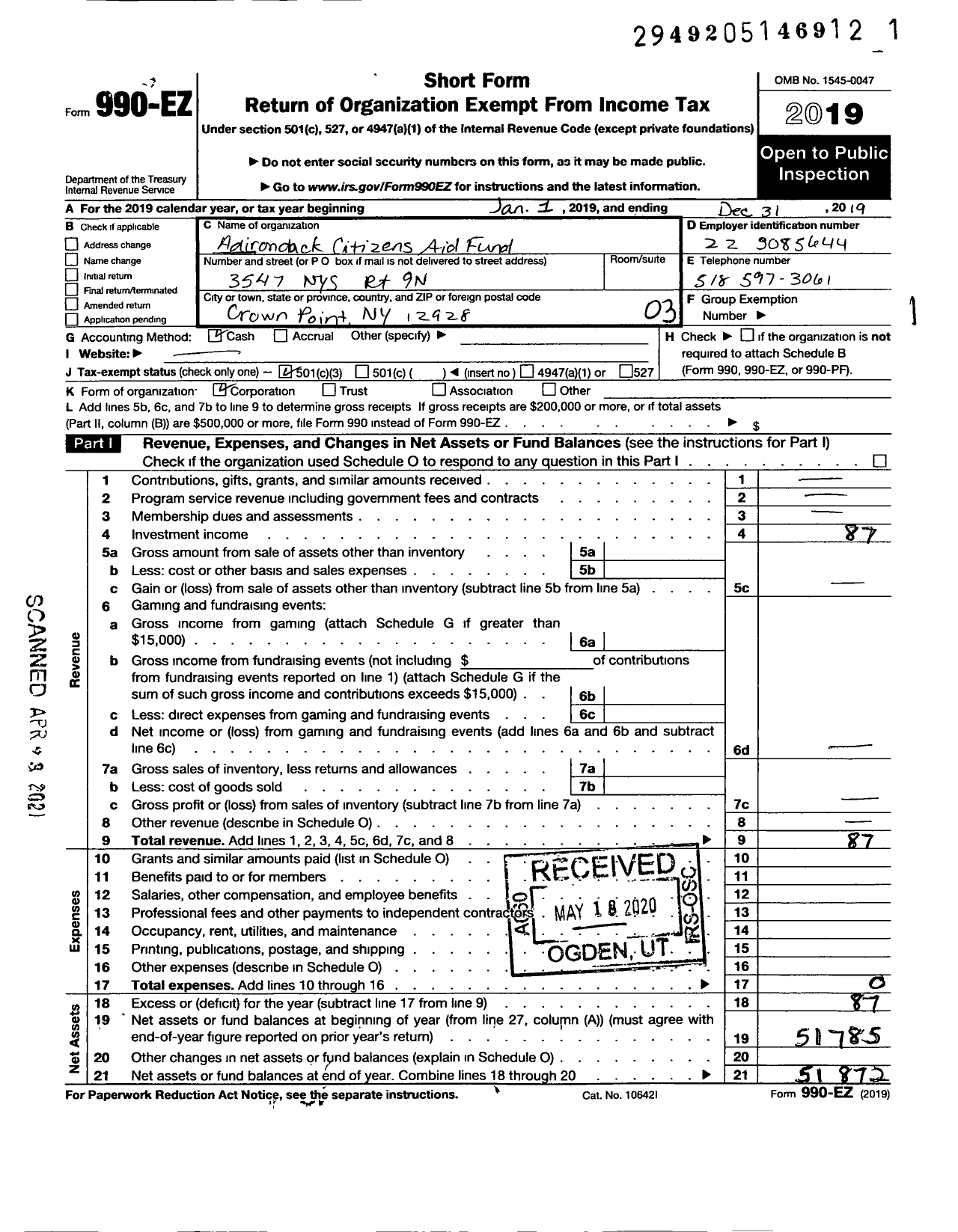 Image of first page of 2019 Form 990EZ for Adirondack Citizens Aid Fund